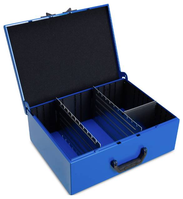 Ein blauer Metalltragekoffer mit offenem Deckel und mehreren verstellbaren Trennwänden zur Aufbewahrung von Gegenständen.