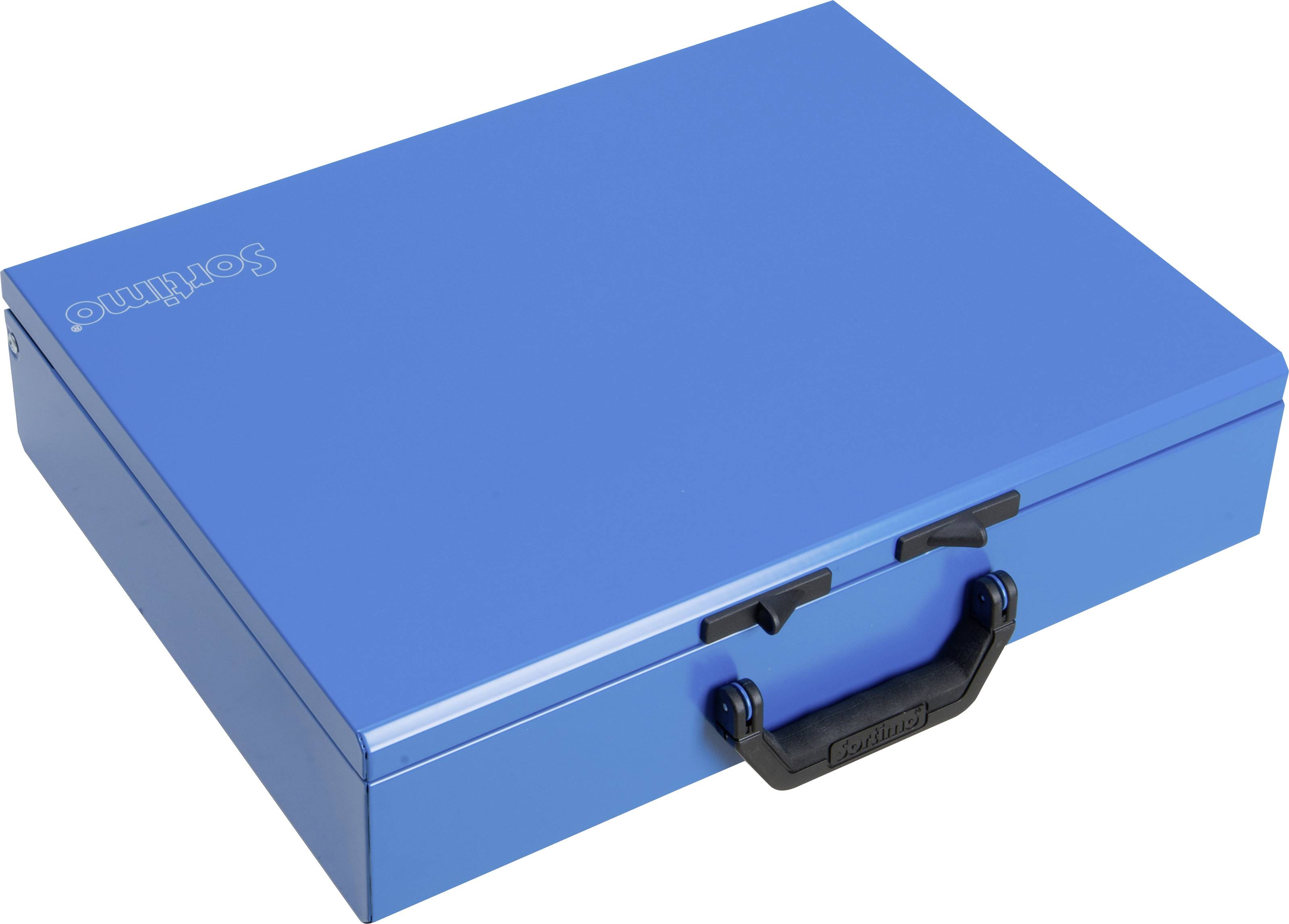 Blauer Werkzeugkoffer mit schwarzem Griff, Marke 'Sortimo' in der oberen Ecke.