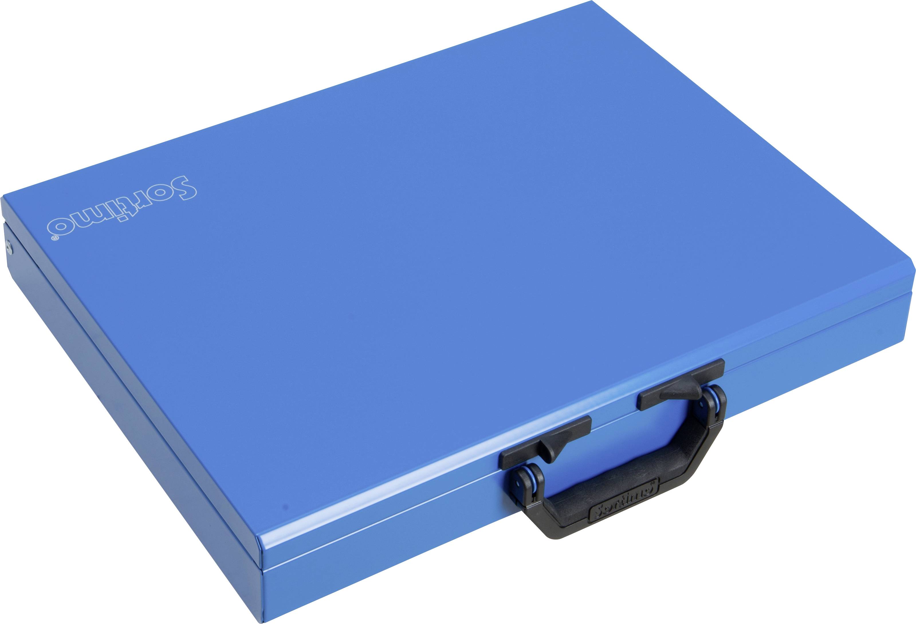 Ein blauer Metallkoffer mit einem schwarzen Griff liegt flach auf einer Oberfläche.