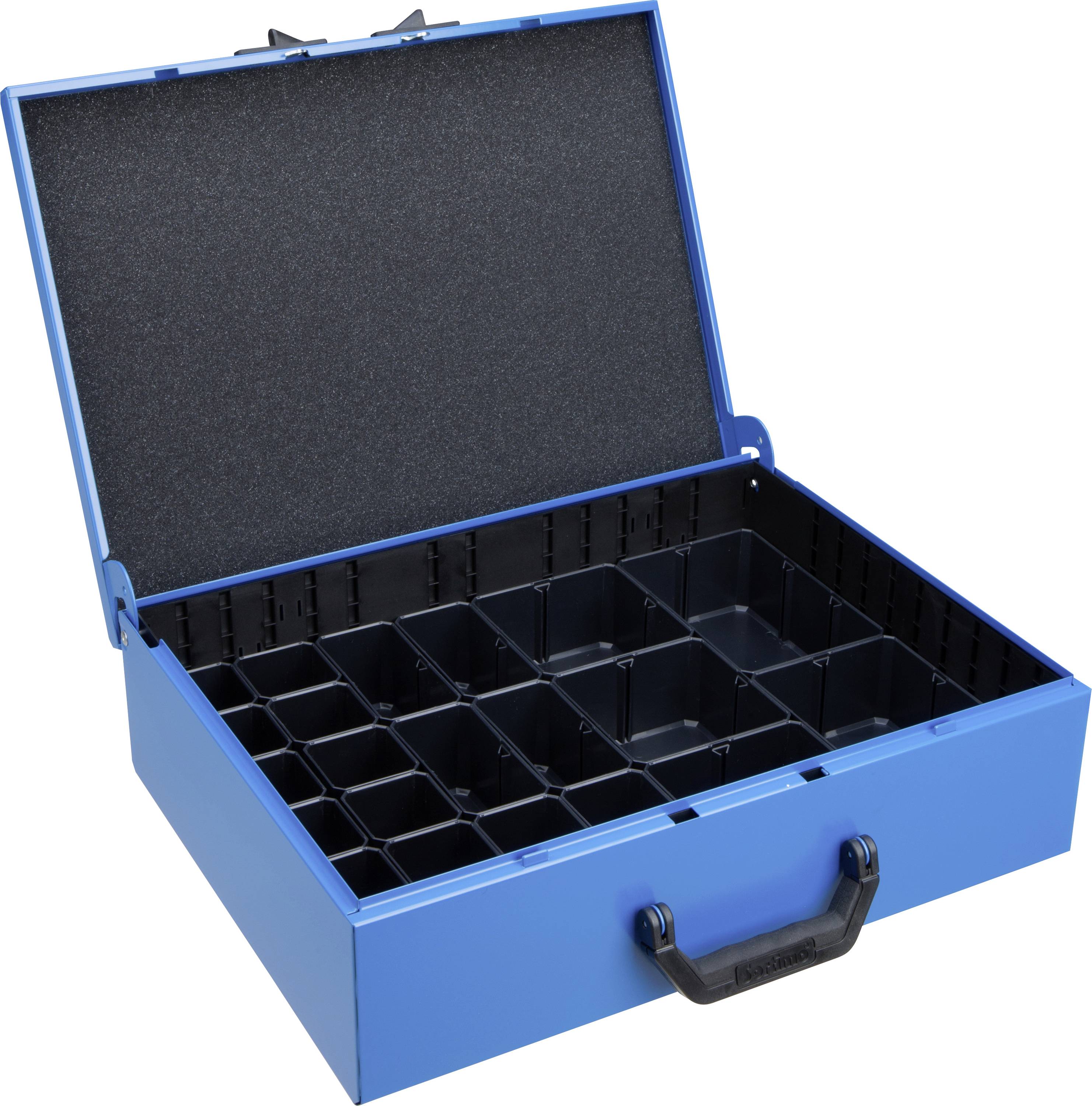Ein offener blauer Metallkoffer mit schwarzem Griff, enthält ein herausnehmbares Einsatzteil mit mehreren Fächern zur Aufbewahrung.