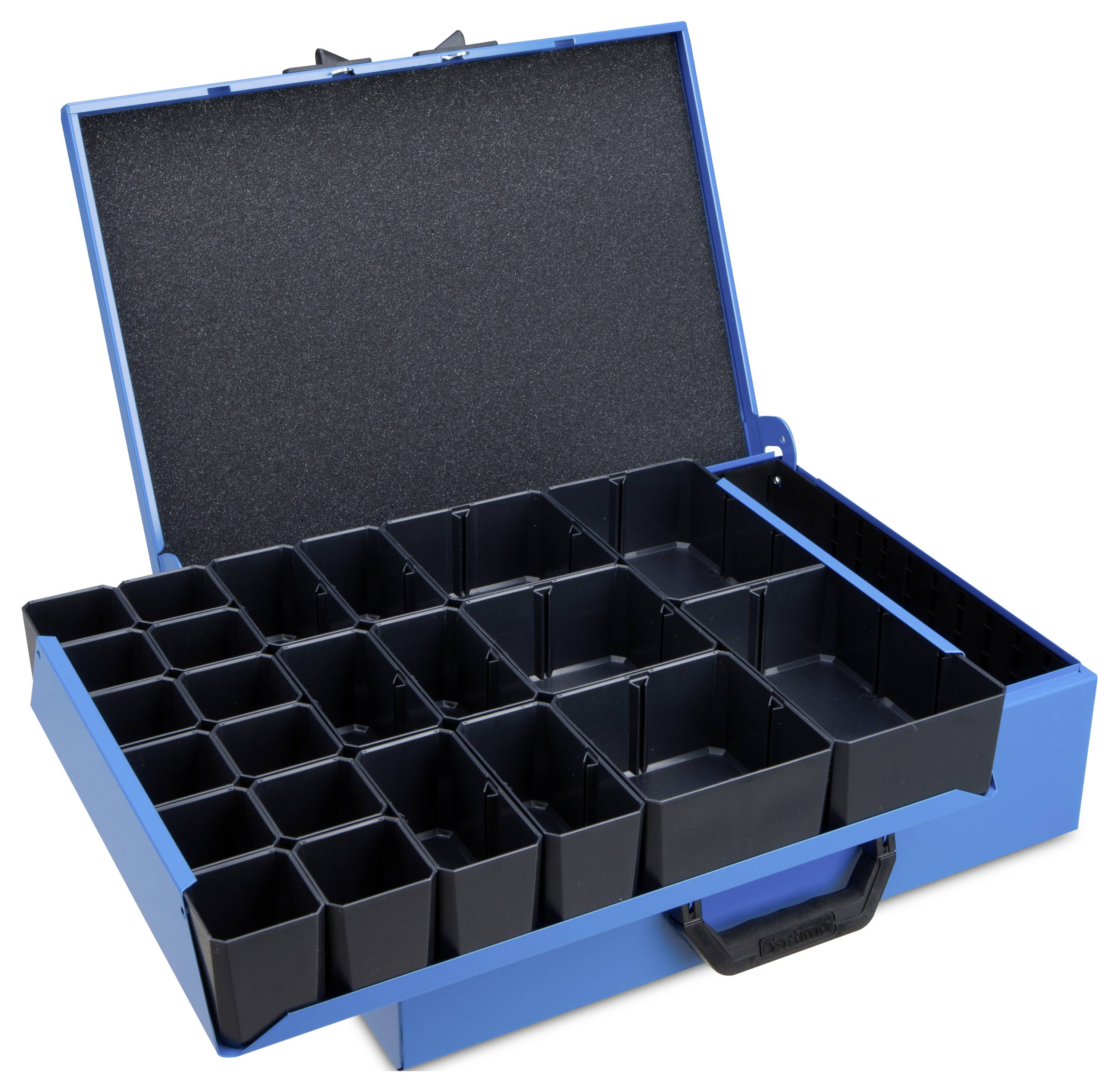 Blauer Werkzeugkoffer mit offener Abdeckung, zeigt zahlreiche Fächer für die Aufbewahrung von Werkzeugen oder Kleinteilen.