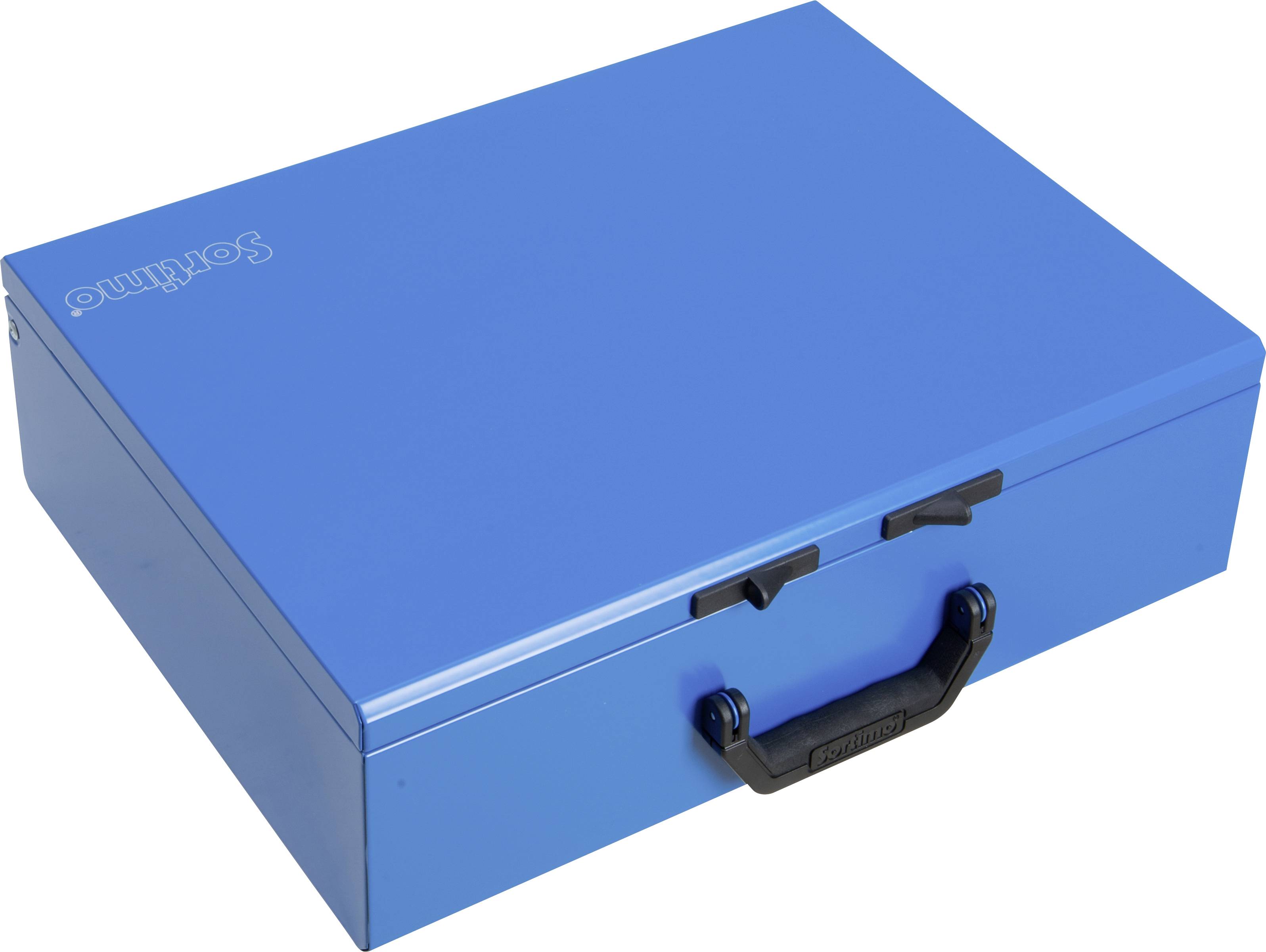 Eine blaue, flache Metallbox mit einem schwarzen Griff, die vermutlich zur Aufbewahrung verwendet wird.