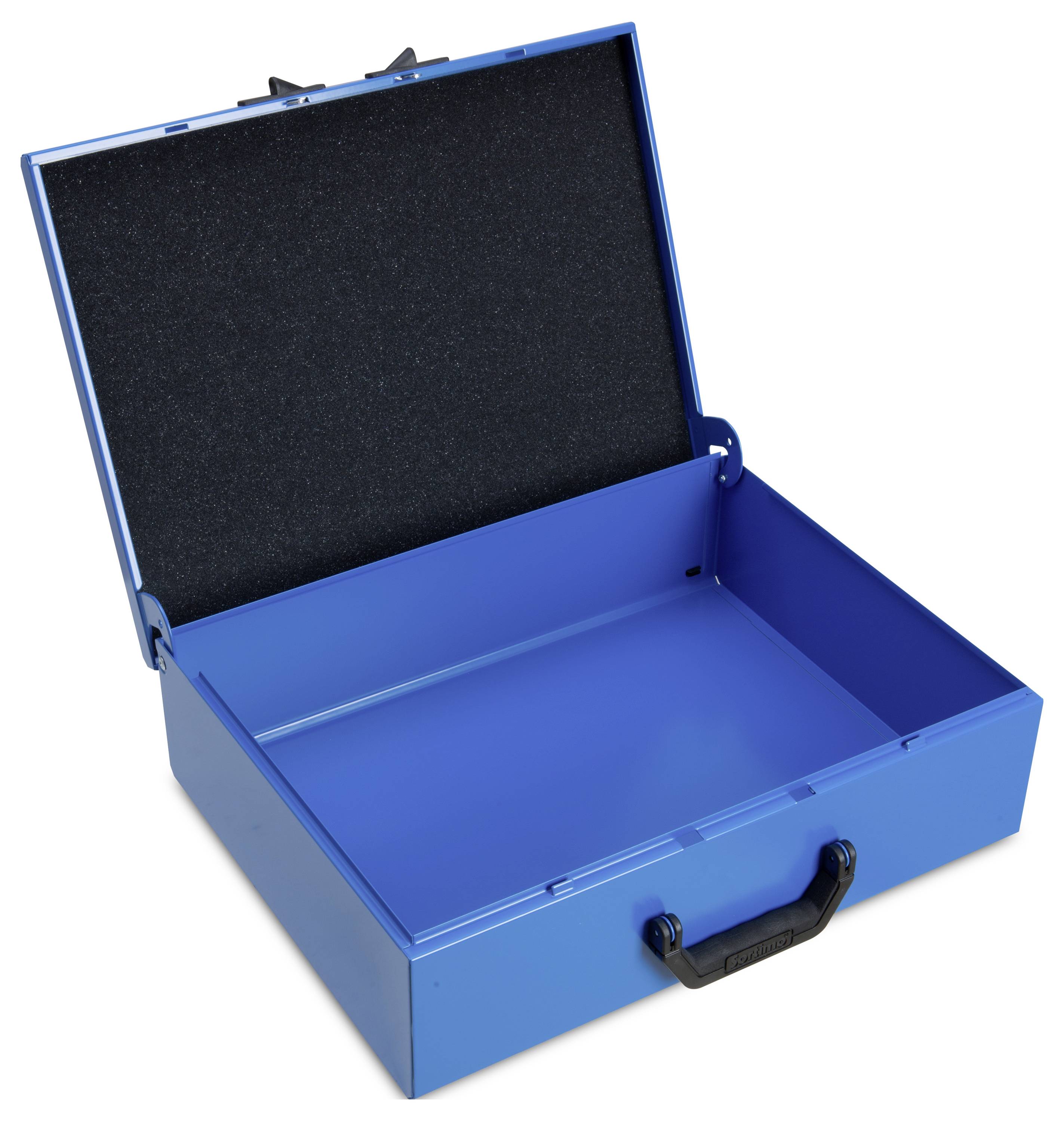 Ein offener blauer Metallkoffer mit schwarzem Griff und schwarzem Innenfutter zeigt einen leeren Innenraum.