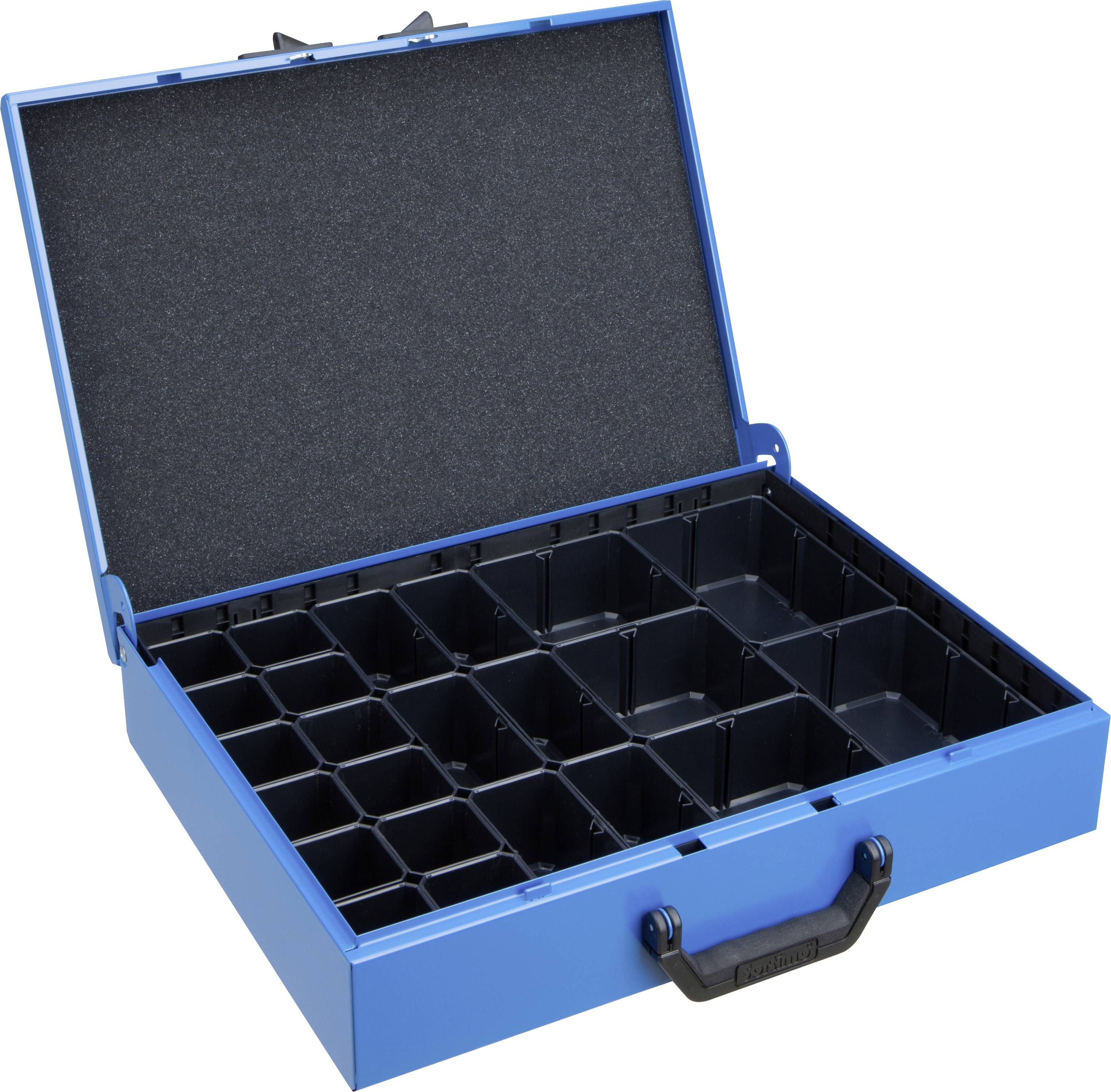 Ein offener blauer Koffer mit schwarzem Schaumstoffdeckel und mehreren schwarzen Fächern zum Sortieren oder Aufbewahren von Werkzeugen.