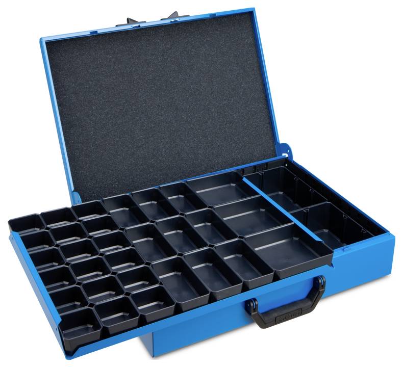 Blauer Werkzeugkoffer mit offenem Deckel und herausnehmbaren Fächern zur Organisation kleiner Teile.