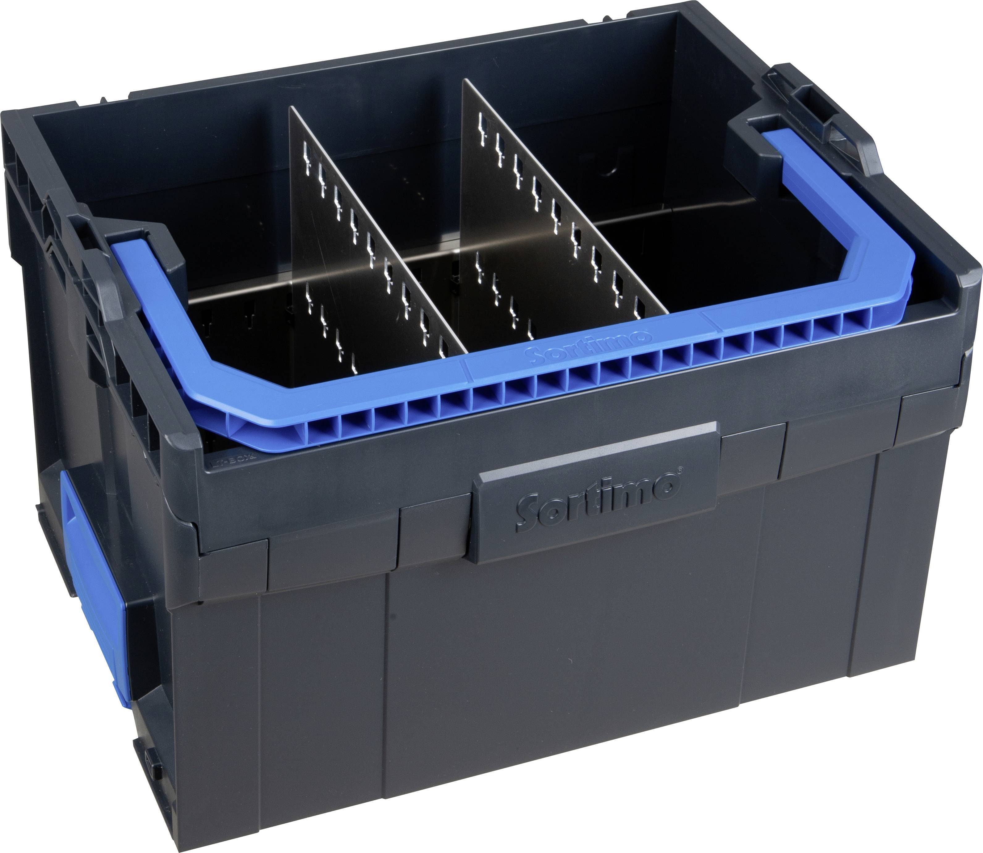 Eine schwarze Kunststoffbox mit blauen Griffen und herausnehmbaren Trennwänden zur Aufbewahrung und Organisation von Gegenständen.