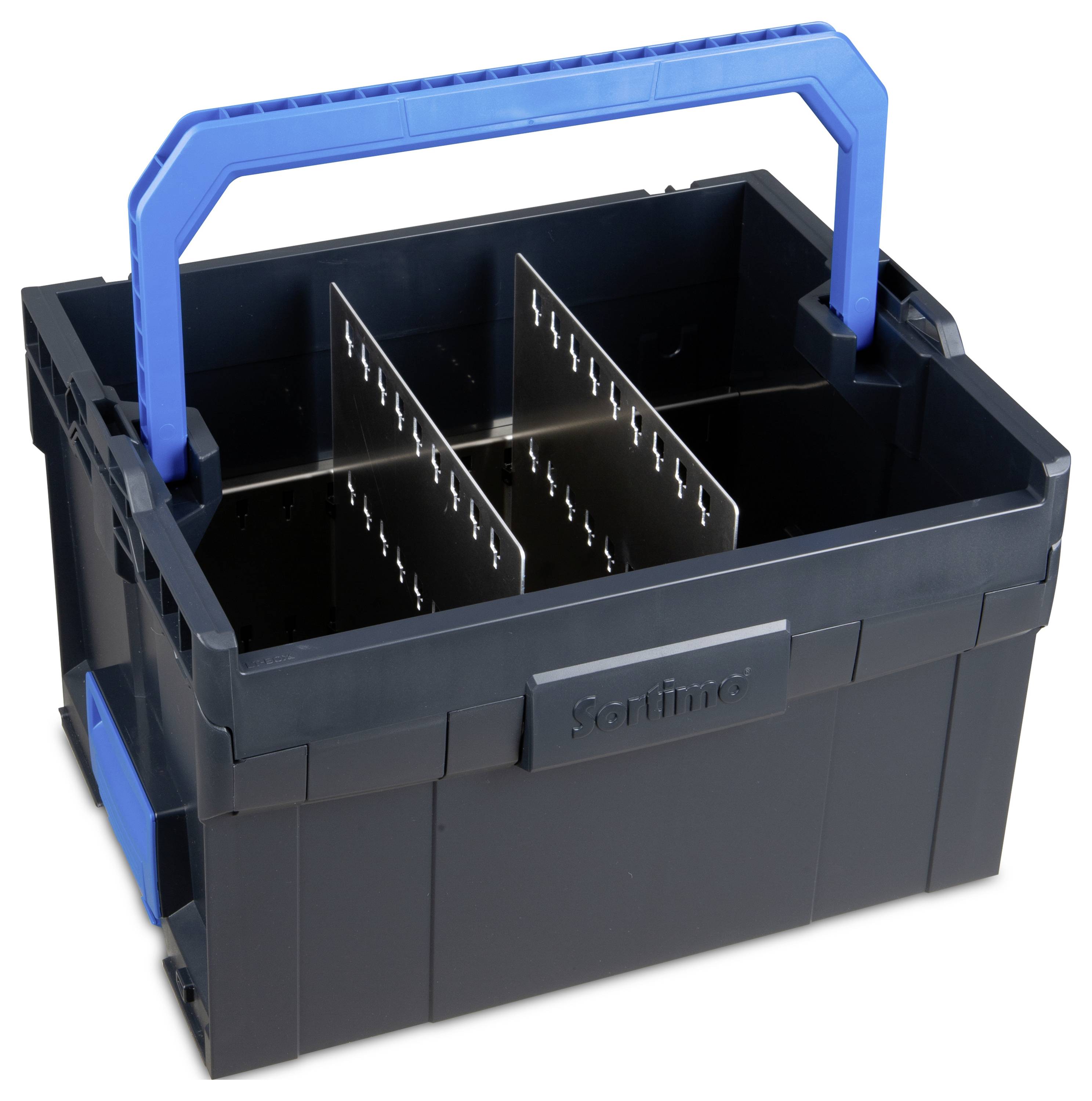 Die Abbildung zeigt eine graue Werkzeugbox mit einem blauen Griff und herausnehmbaren Trennwänden, ideal zur Werkzeugorganisation.