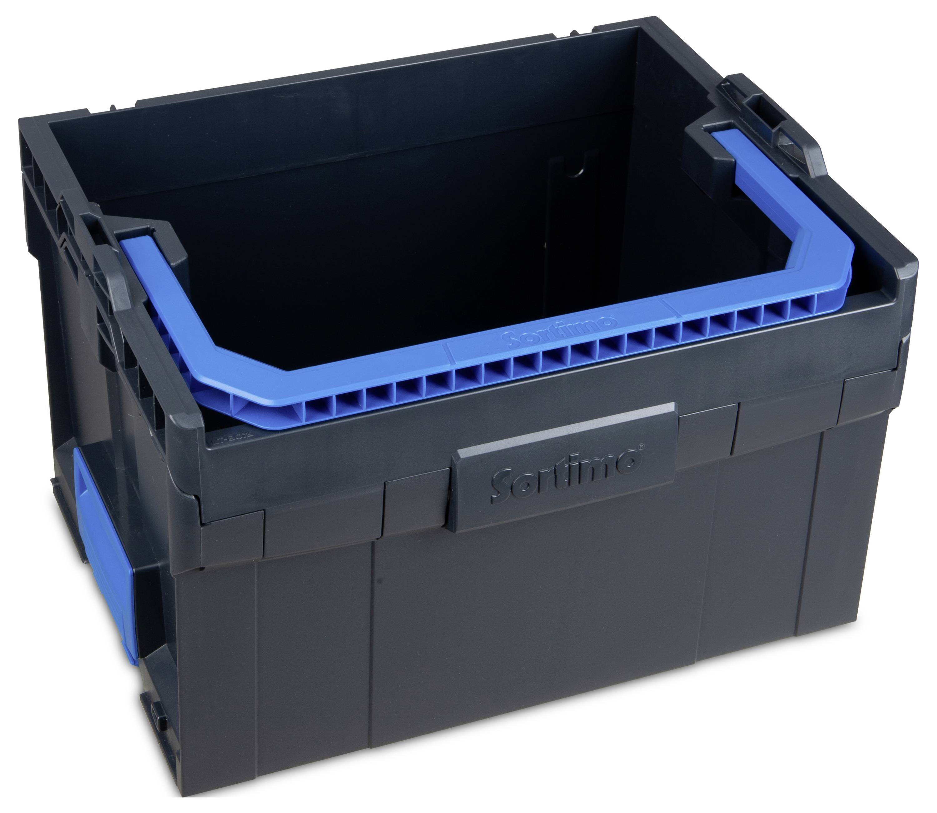 Schwarze Kunststoffbox mit blauen Griffen, rechteckige Form, stabil gebaut, geeignet für Lagerung oder Transport von Gegenständen.