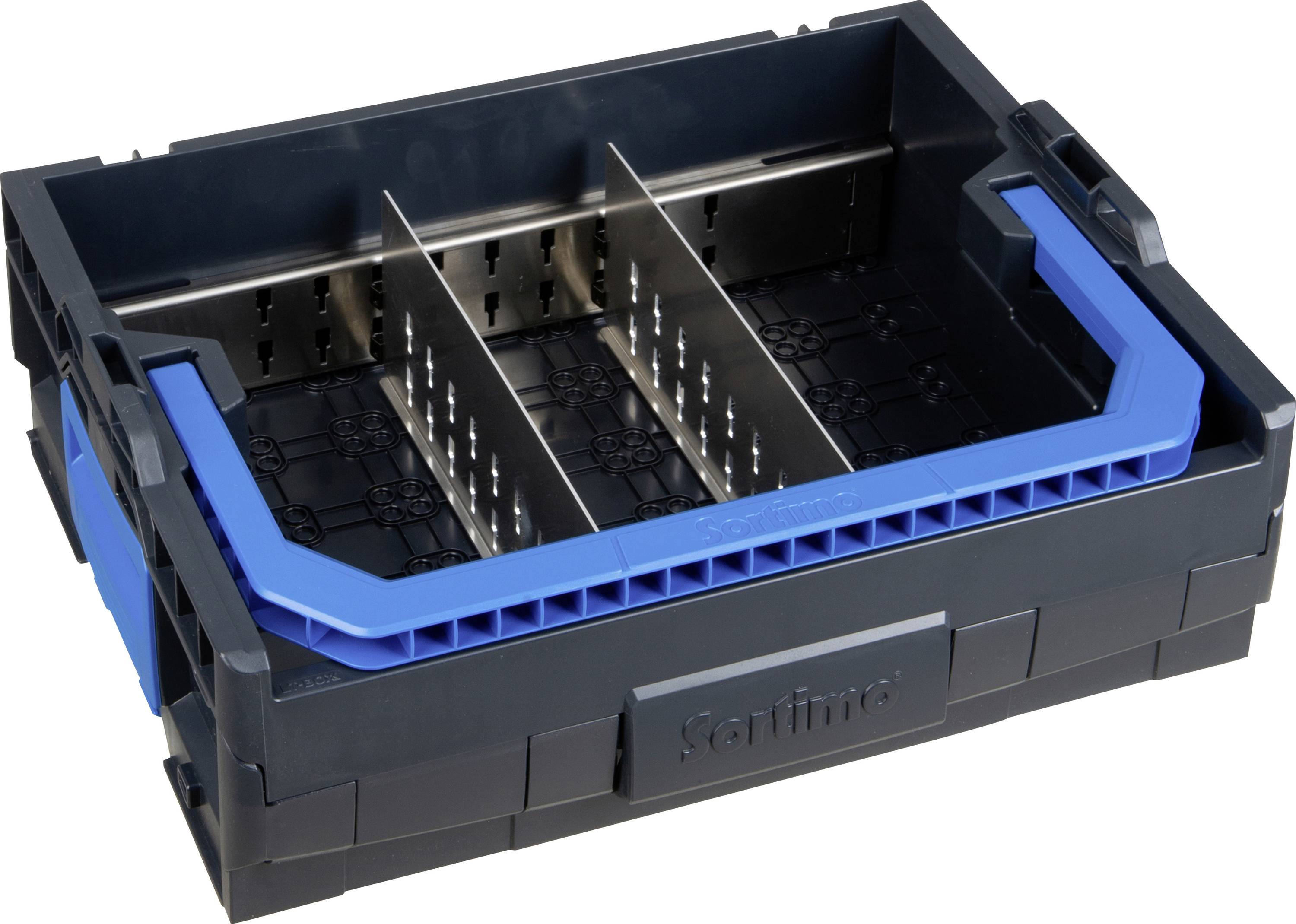 Kunststoffbehälter mit Metalltrennern und blauem Griff, ideal zur Lagerung und Organisation kleinerer Teile.