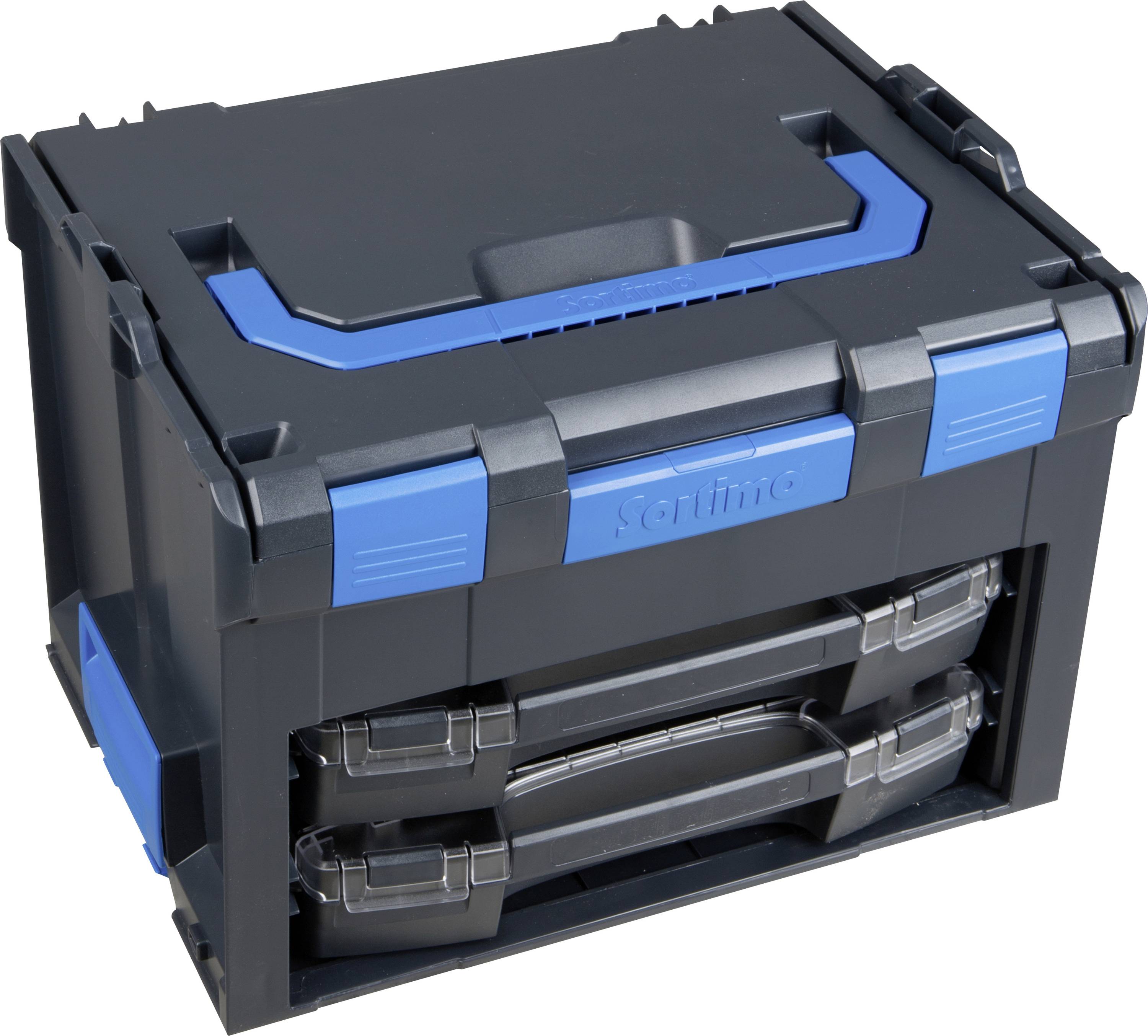 Ein schwarzer Werkzeugkoffer mit blauen Akzenten und zwei Schubladen. Ideal zur Aufbewahrung von Werkzeugen und Zubehör.