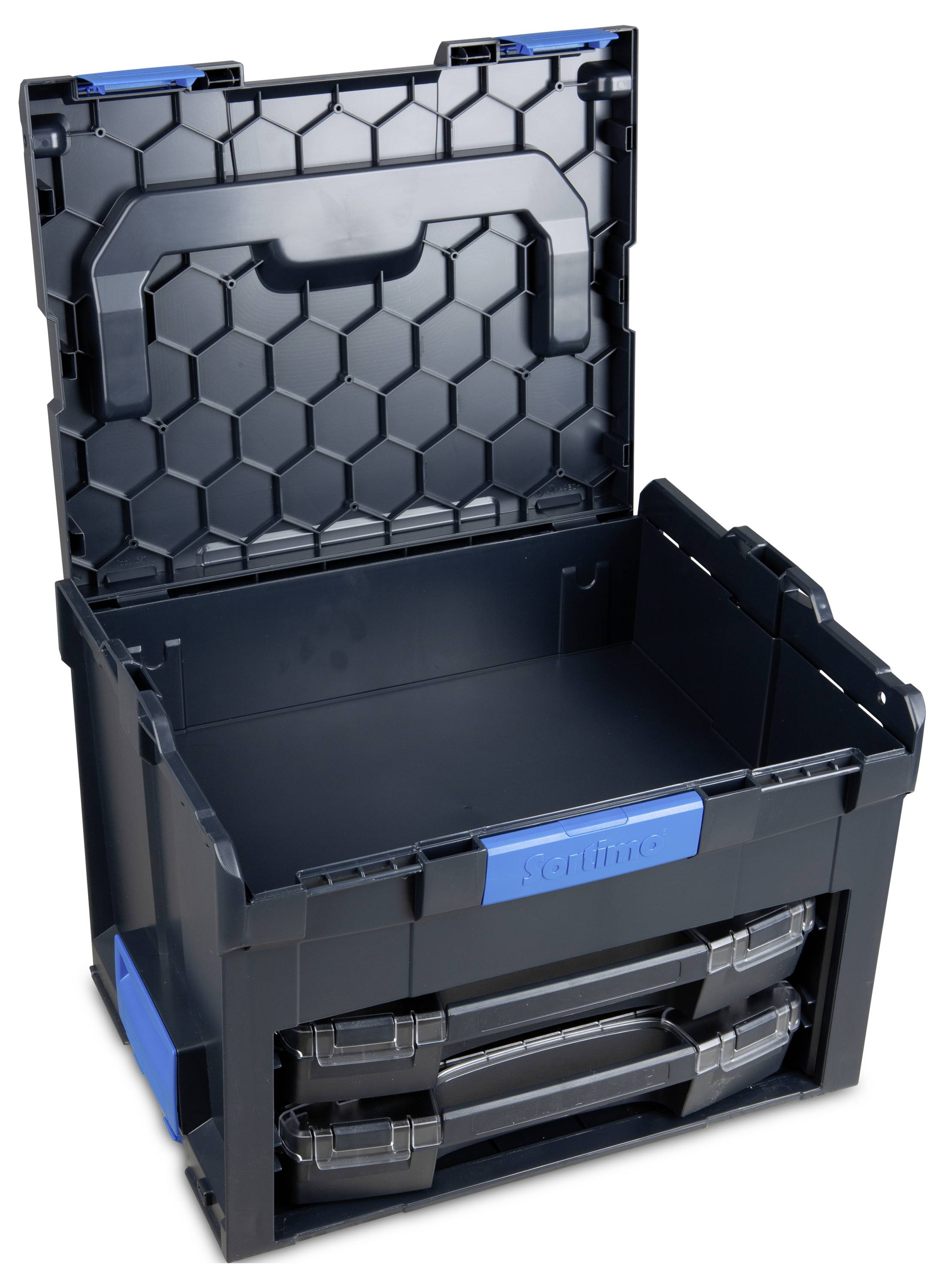 Eine schwarze Kunststoffbox mit offenem Deckel und zwei Schubladen. Die Innenstruktur des Deckels zeigt ein wabenförmiges Muster.