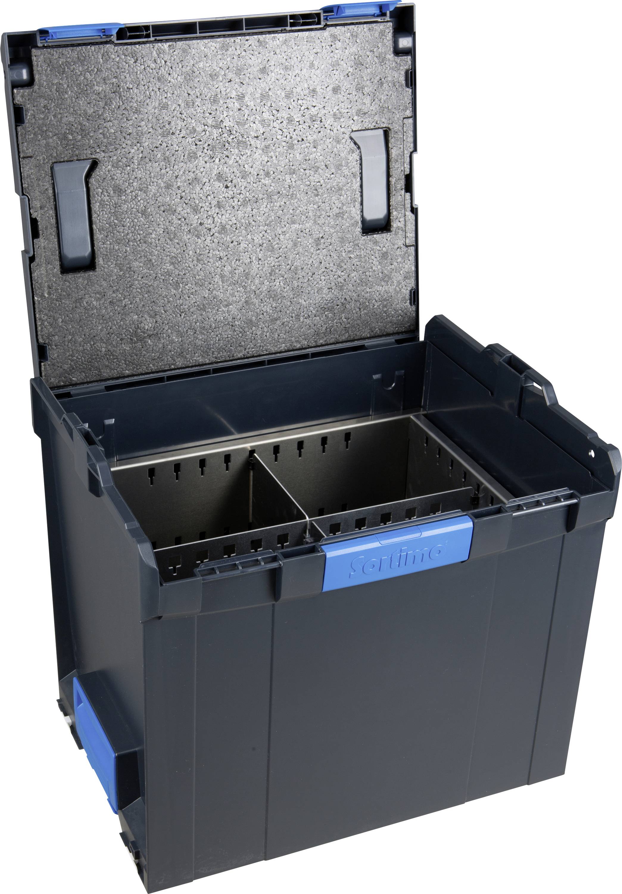 Ein offener, schwarzer Kunststoffkasten mit zwei Trennwänden und blauem Verschluss.