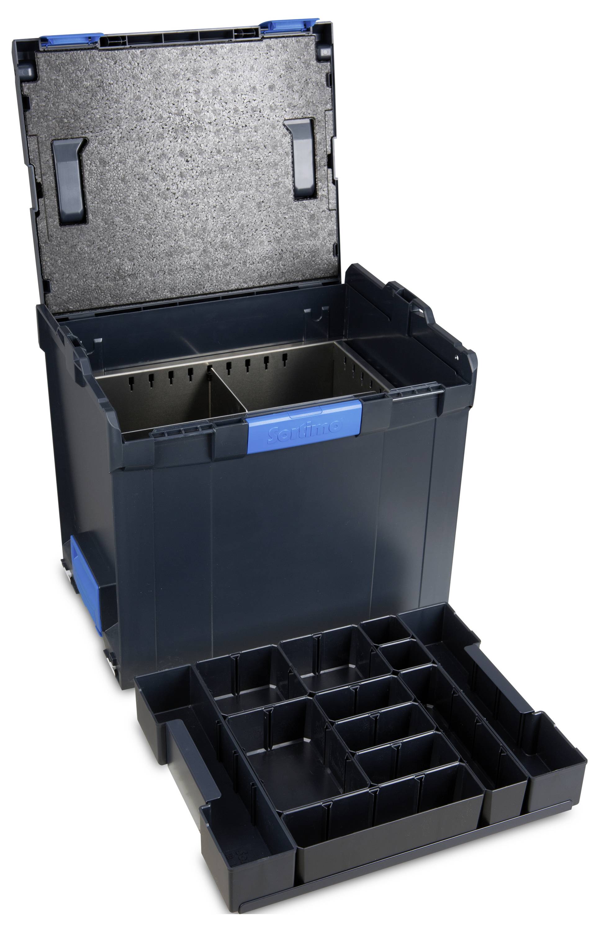 Schwarzer Werkzeugkasten mit geöffnetem Deckel und herausnehmbarer, unterteilter Einsatz. Ideal zur Aufbewahrung und Organisation von Werkzeug.