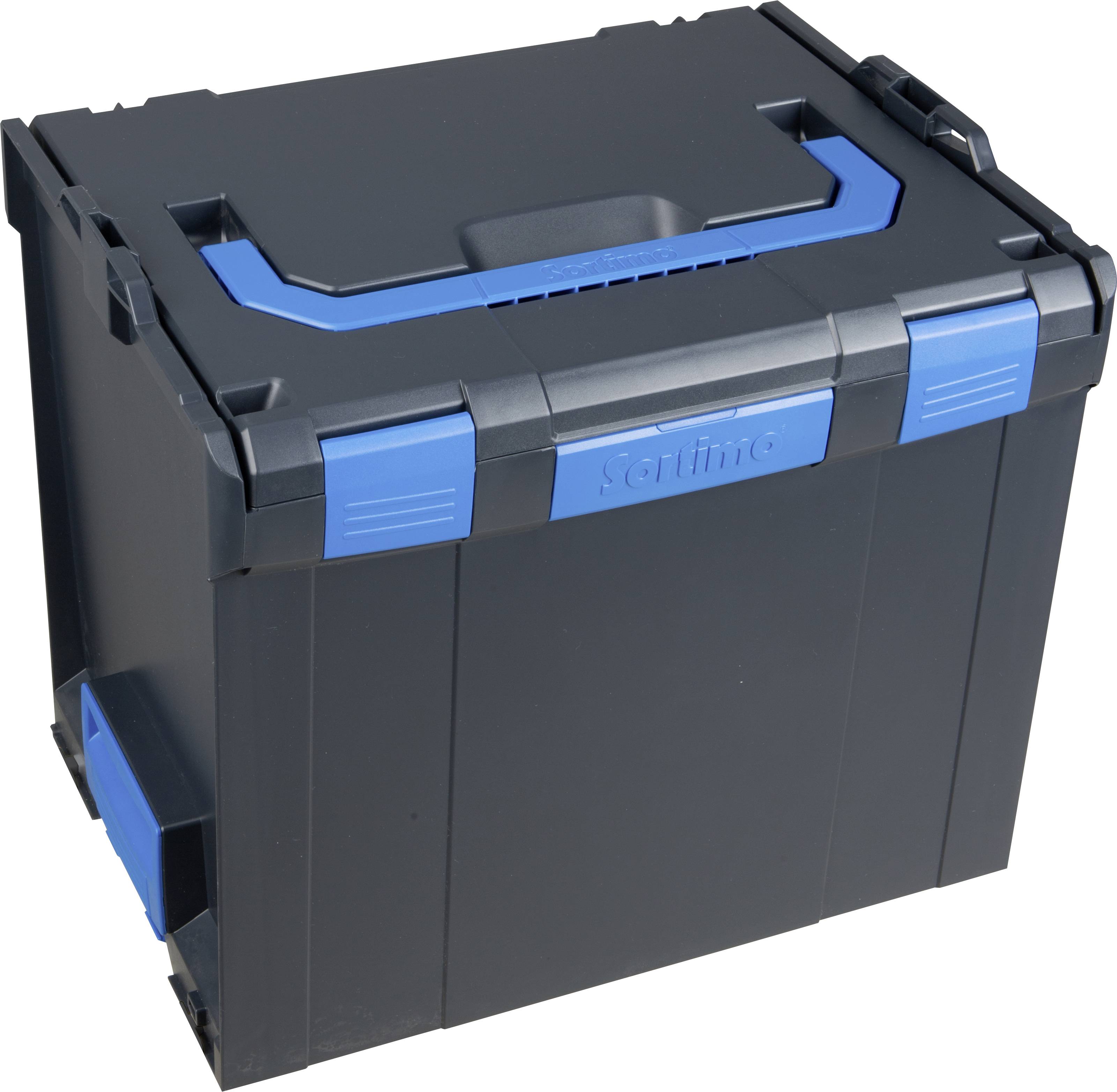 Schwarzer Werkzeugkasten mit blauem Griff und Verschlüssen.