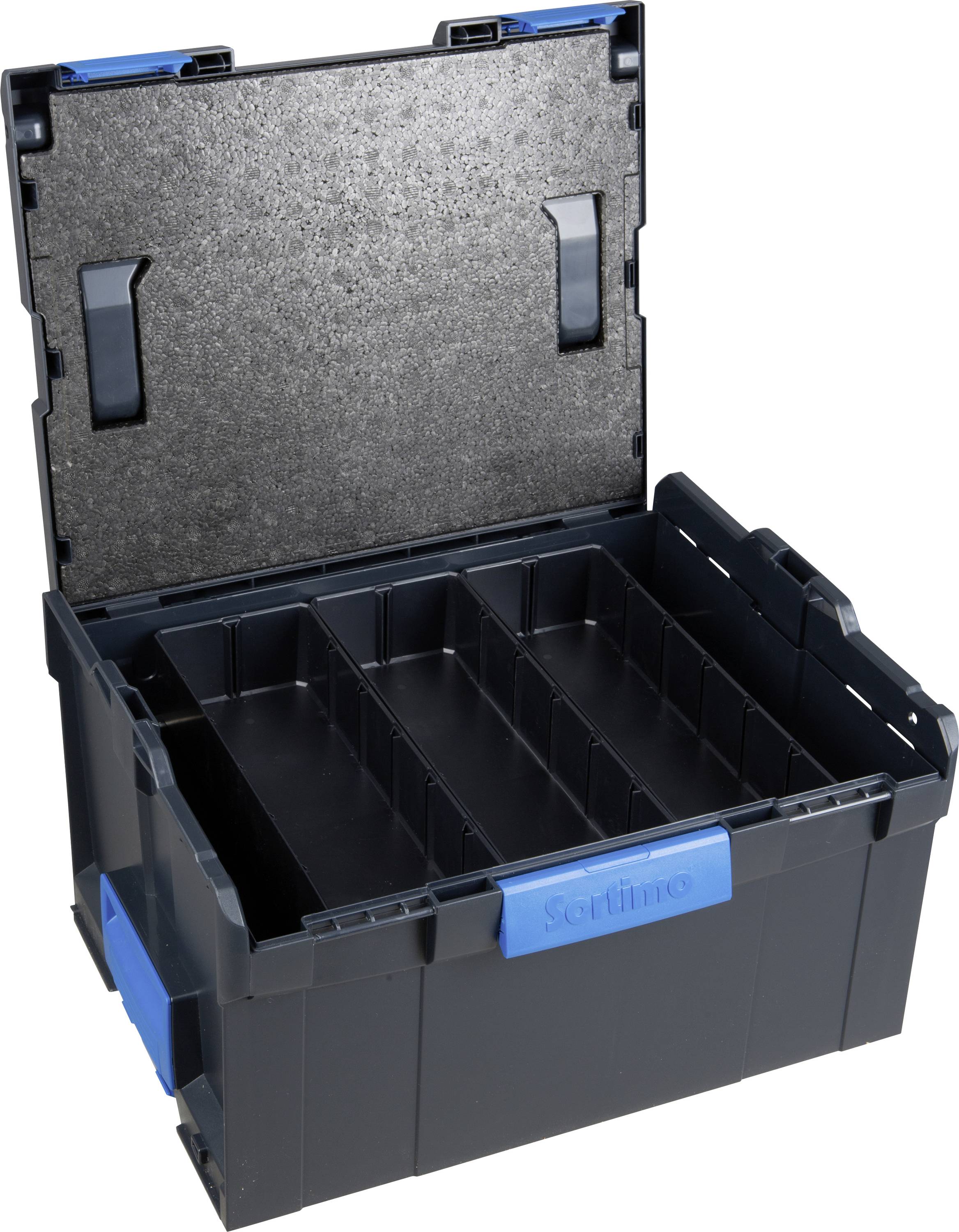 Schwarzer Sortierkasten mit offenem Deckel. Der Innenraum ist in drei Fächer unterteilt, um Objekte zu organisieren.