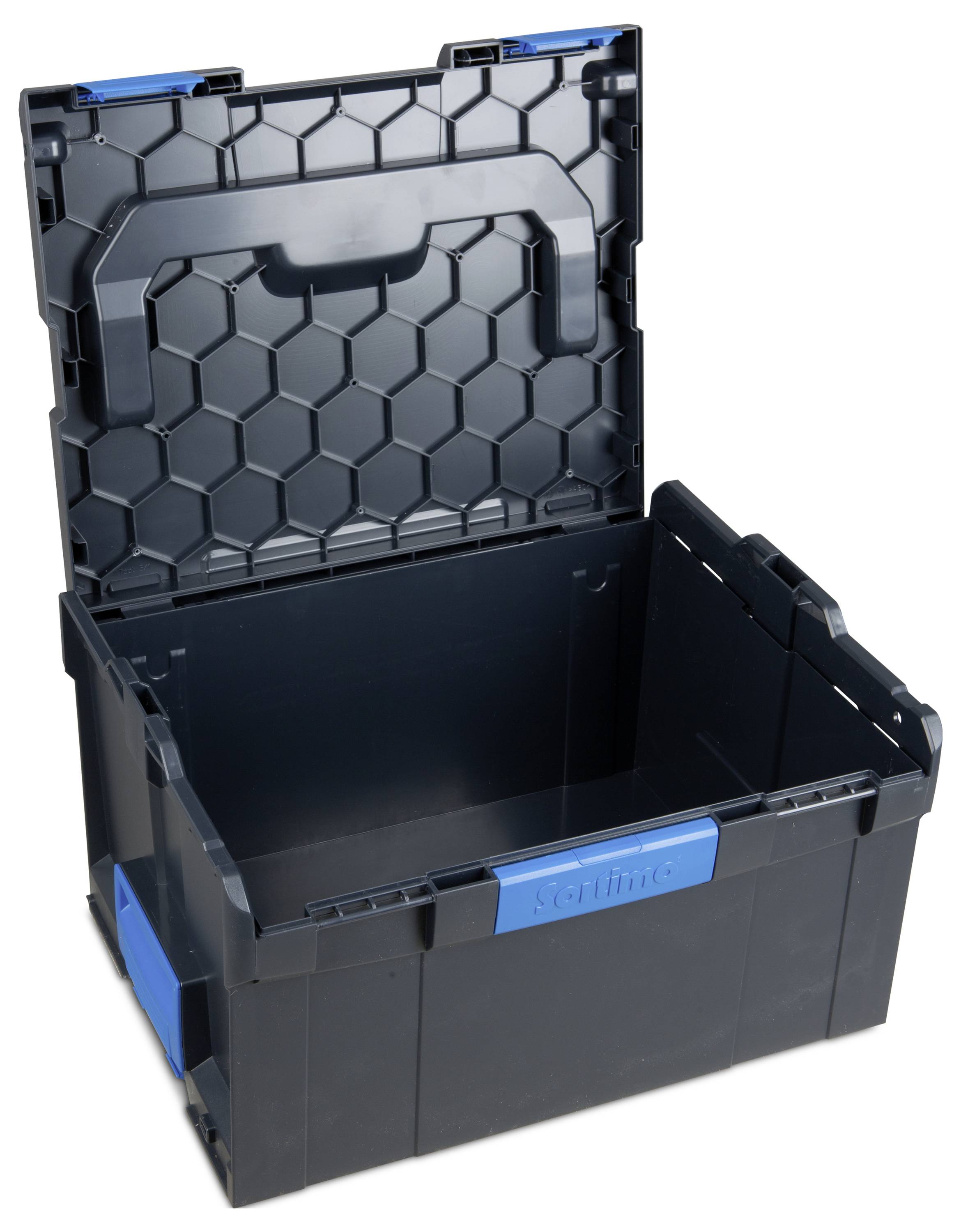 Offene schwarze Kunststoffkiste mit blauen Elementen und hexagonalem Muster im Deckel. Ideal zur Aufbewahrung oder zum Transport.