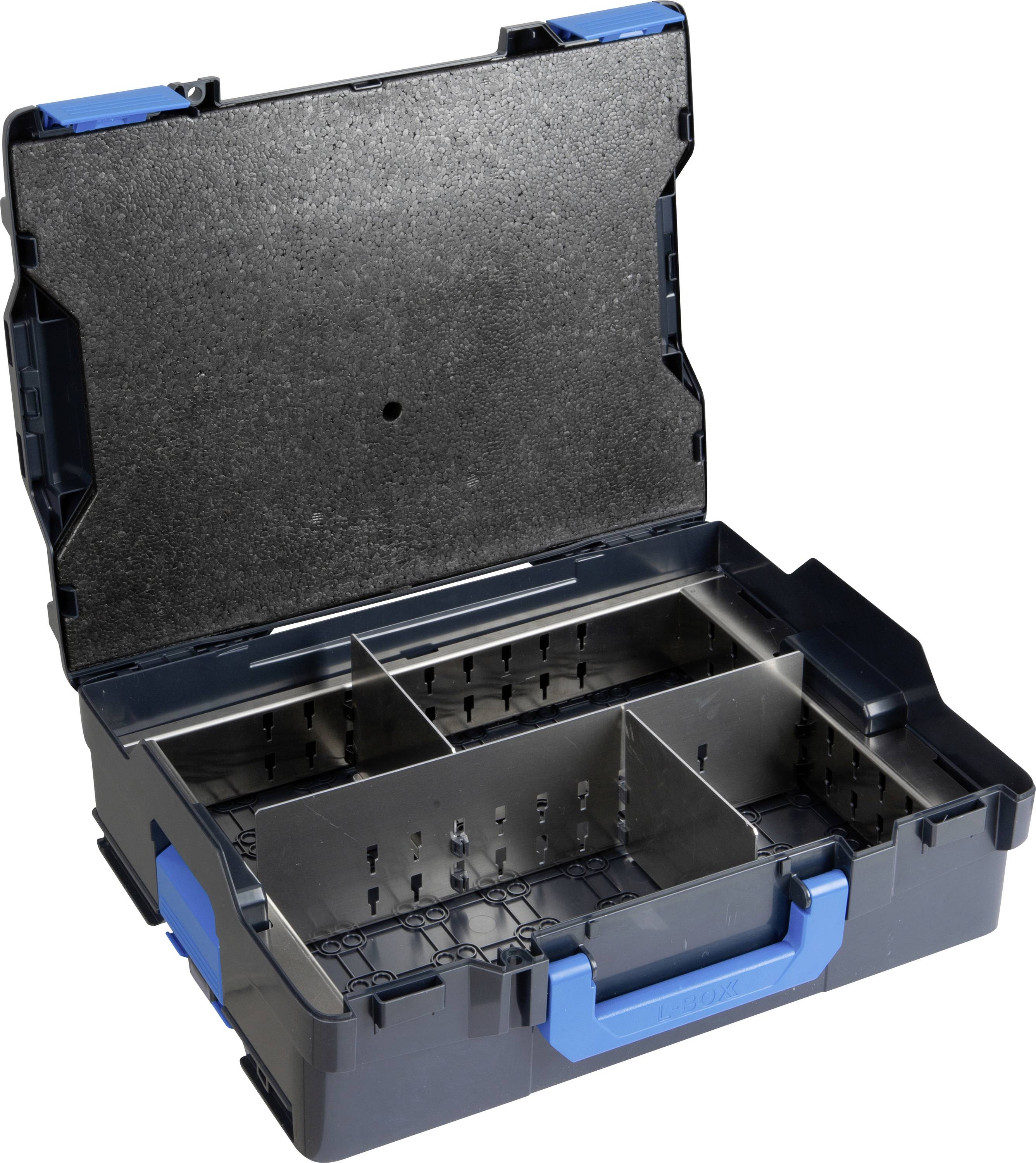 Offener Werkzeugkoffer mit mehreren Fächern und einem blauen Griff, geeignet zur Aufbewahrung und Organisation von Werkzeugen.