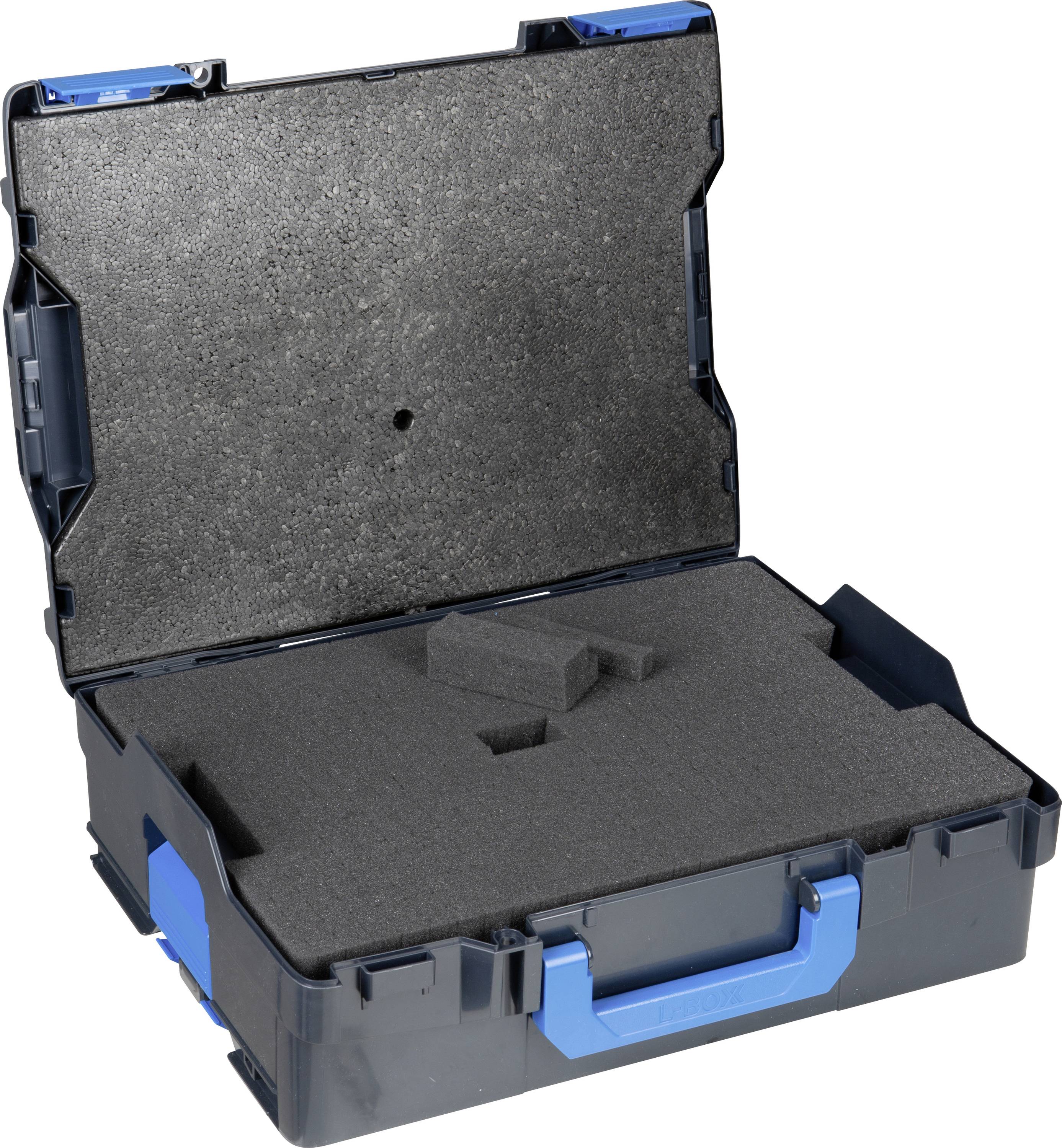 Schwarzer Werkzeugkoffer mit Schaumstoffeinlage und einem blauen Griff, geöffnet, um den Stauraum für Werkzeuge oder Ausrüstung zu zeigen.
