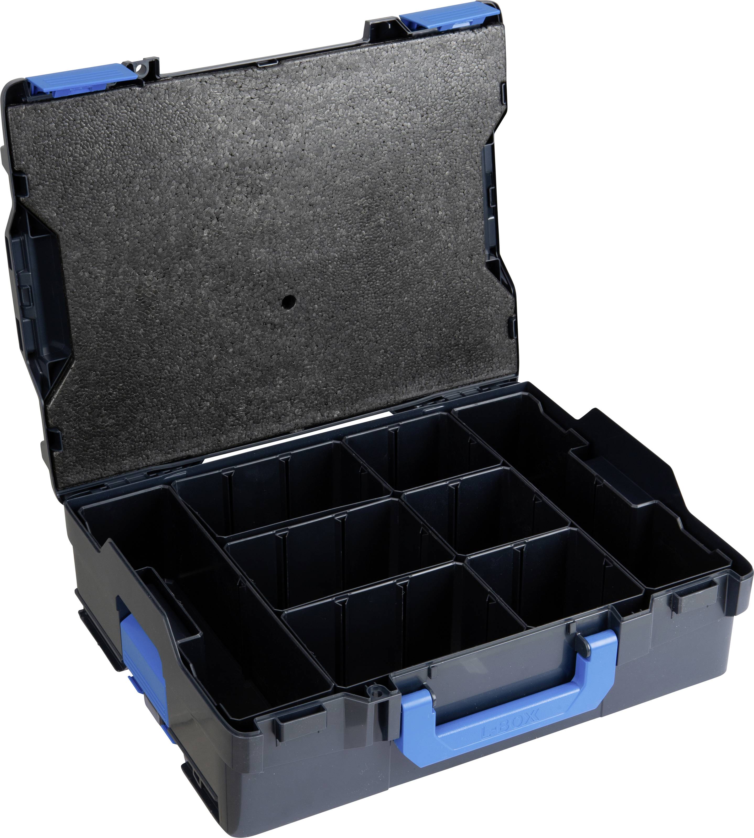 Ein geöffneter schwarzer Kunststoffkoffer mit blauen Griffen und zwölf quadratischen Fächern zur Aufbewahrung kleiner Gegenstände.