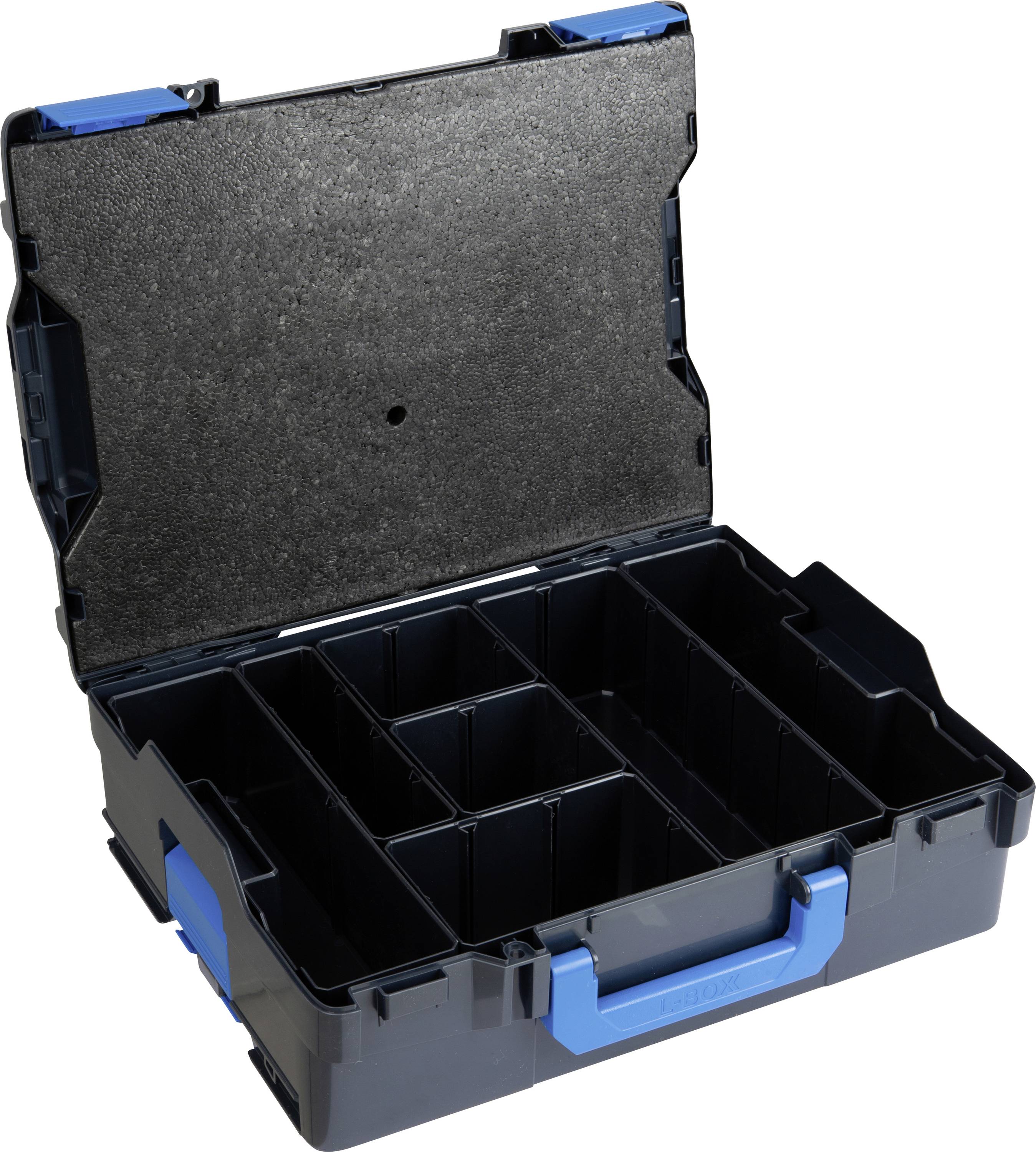 Geöffneter schwarzer Werkzeugkoffer mit blauem Griff und zwölf leeren Fächern zur Aufbewahrung von Werkzeugen und Zubehör.