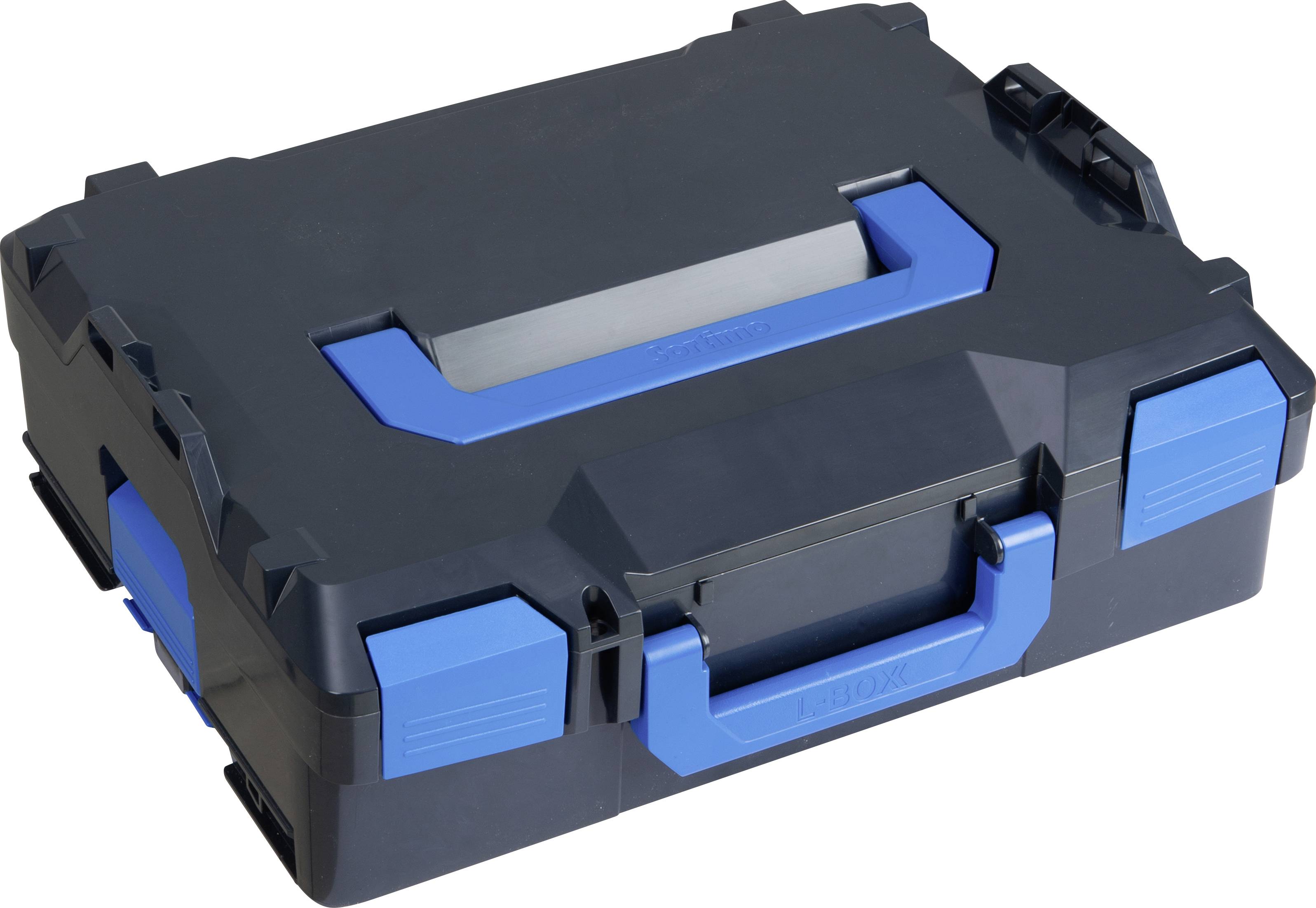 Ein schwarzer Werkzeugkoffer mit blauen Griffen und Verschlüssen, geschlossen und bereit zum Transport oder zur Aufbewahrung.