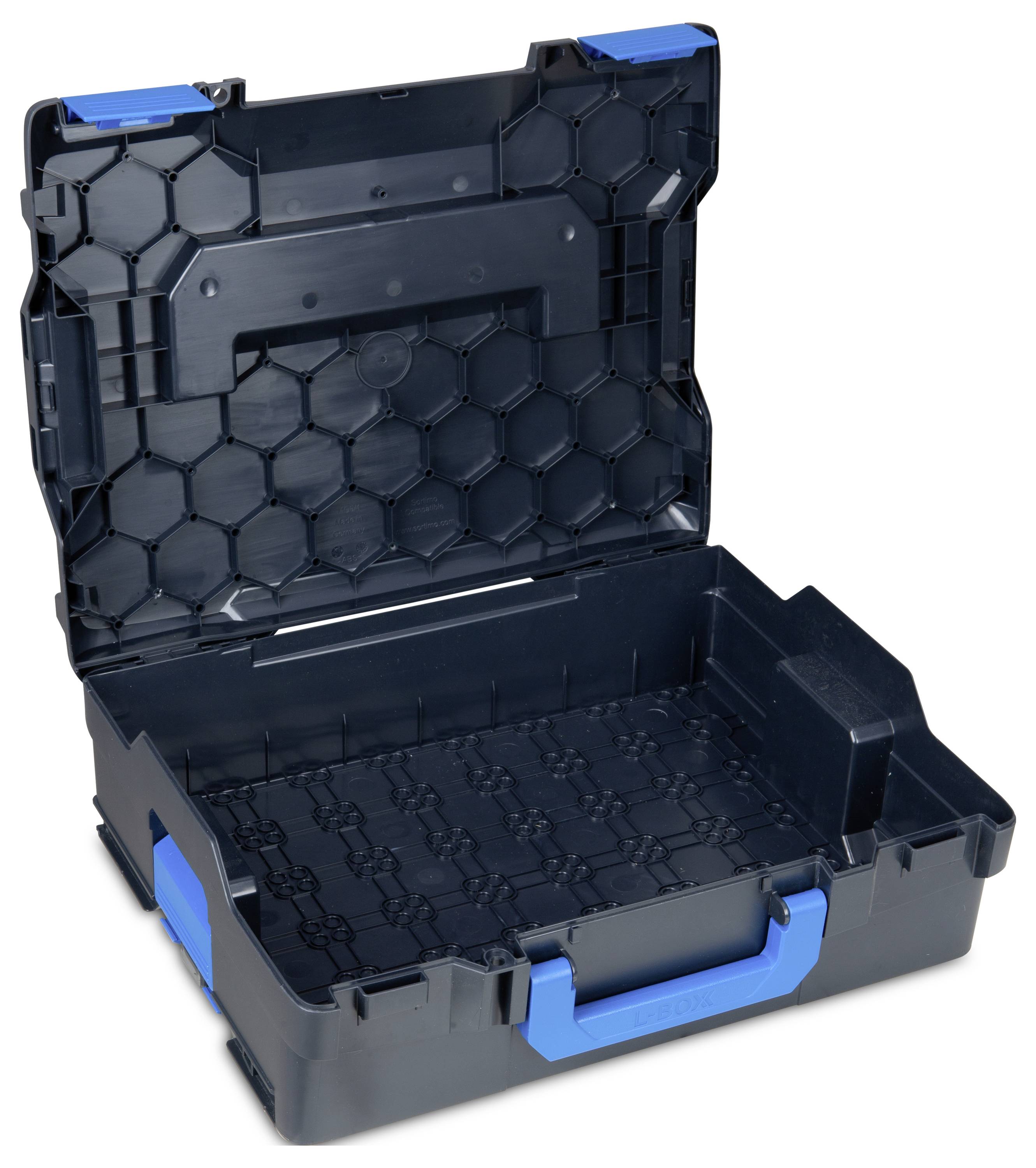Geöffneter schwarzer Werkzeugkoffer mit blauem Griff und hexagonalem Muster im Inneren; bereit zur Aufbewahrung von Werkzeugen.