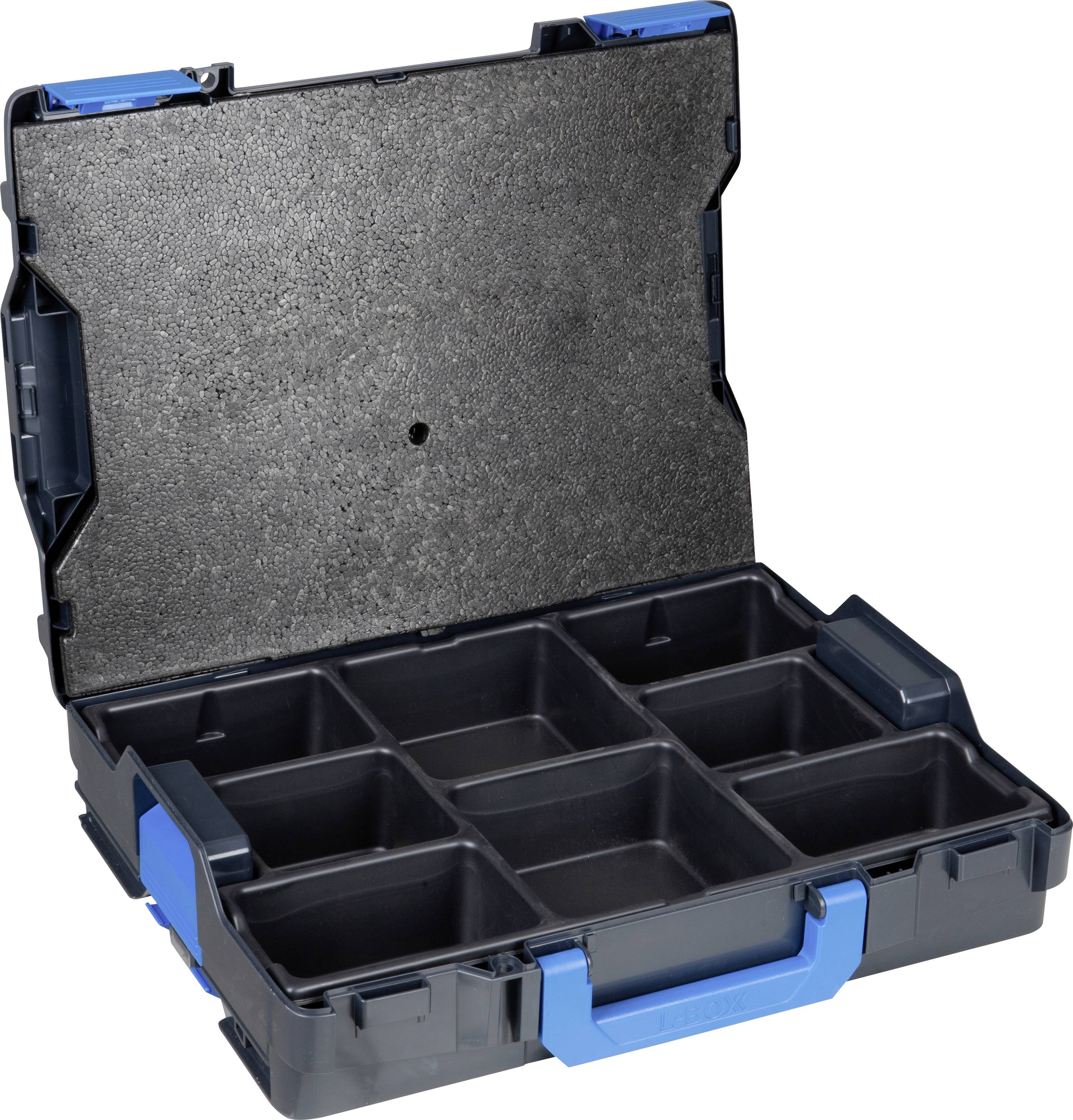 Geöffneter Werkzeugkasten mit acht leeren Fächern, blauer Griff und Verschlüsse, graue Innenfläche. Ideal zur Aufbewahrung.