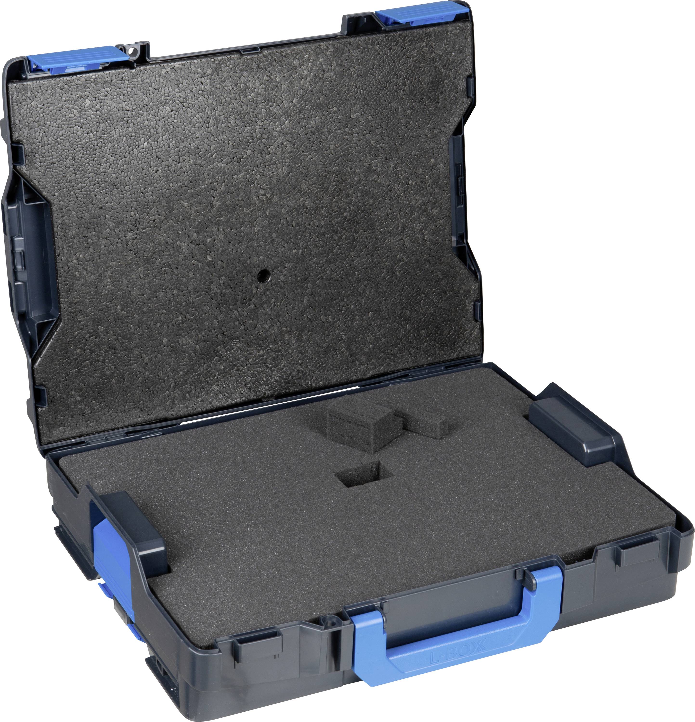 Ein offener Werkzeugkoffer mit Schaumstoffeinlage, leer, bereit zur Aufbewahrung von Werkzeugen oder Zubehör.