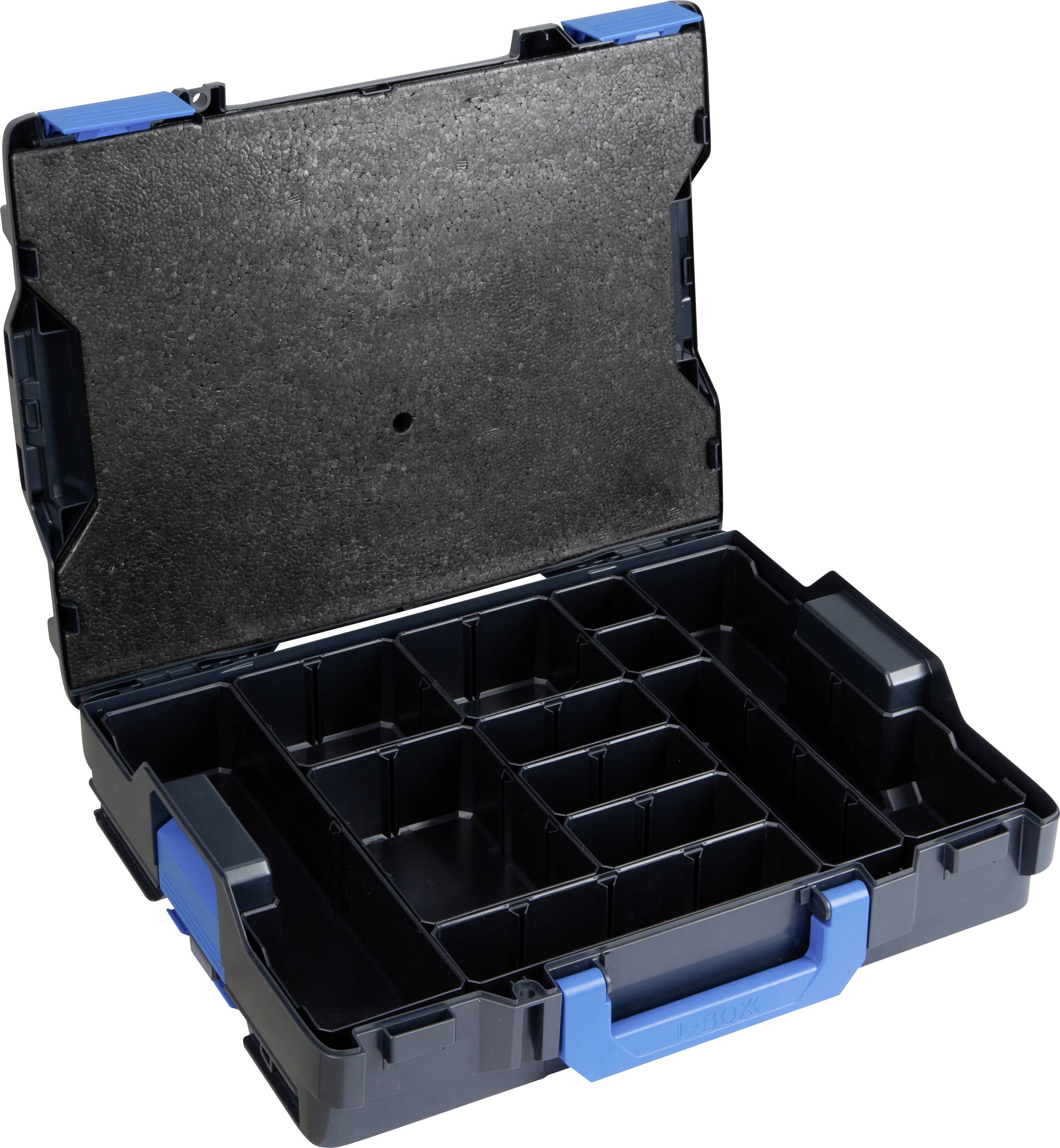 Schwarzer, offener Werkzeugkasten mit verriegelbaren Fächern und blauem Griff. Geeignet zur Aufbewahrung und Organisation von Werkzeugen.