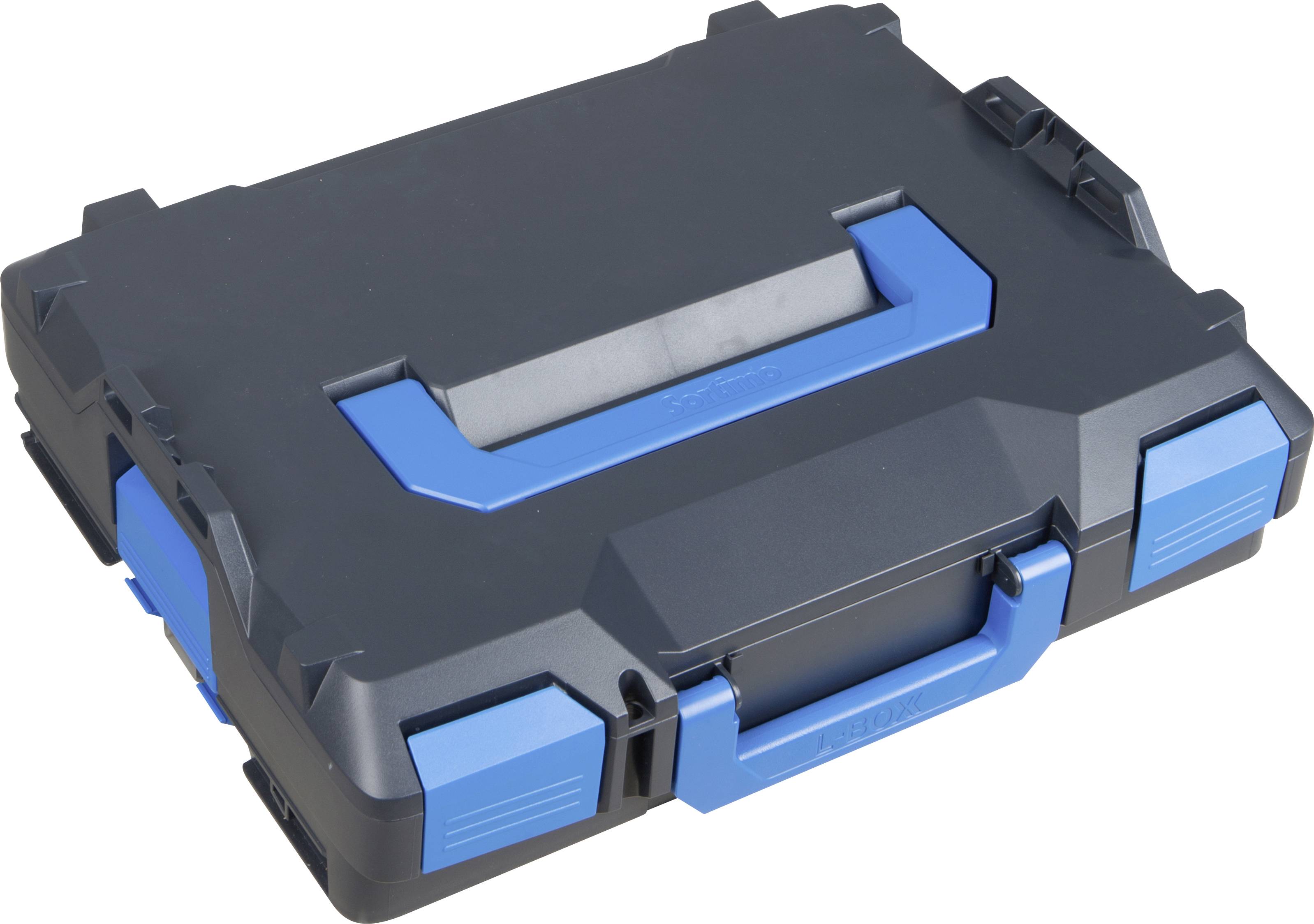 Ein schwarzer Werkzeugkoffer mit blauen Griffen und Details, geschlossen und bereit zum Transport.