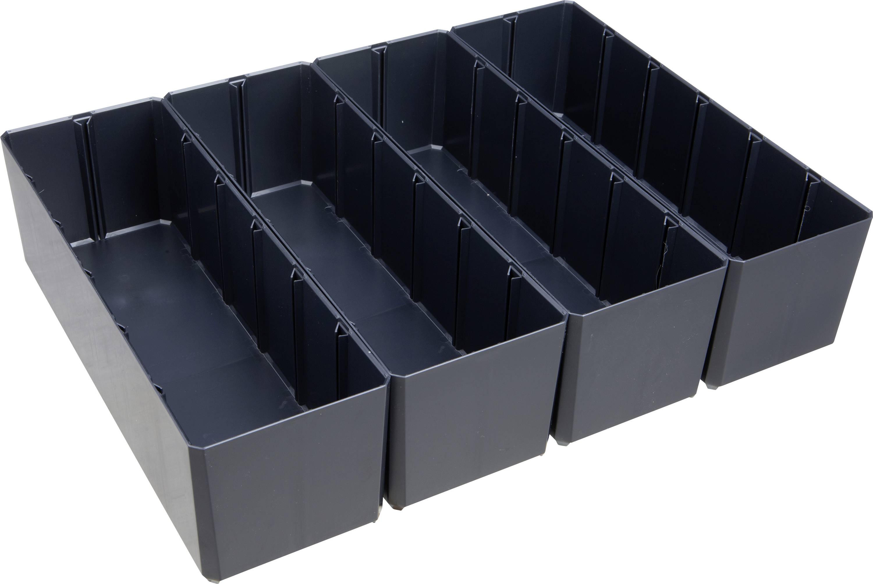 Schwarze, rechteckige Plastikbehälter in Reihe angeordnet, geeignet zur Aufbewahrung oder Organisation von Gegenständen.