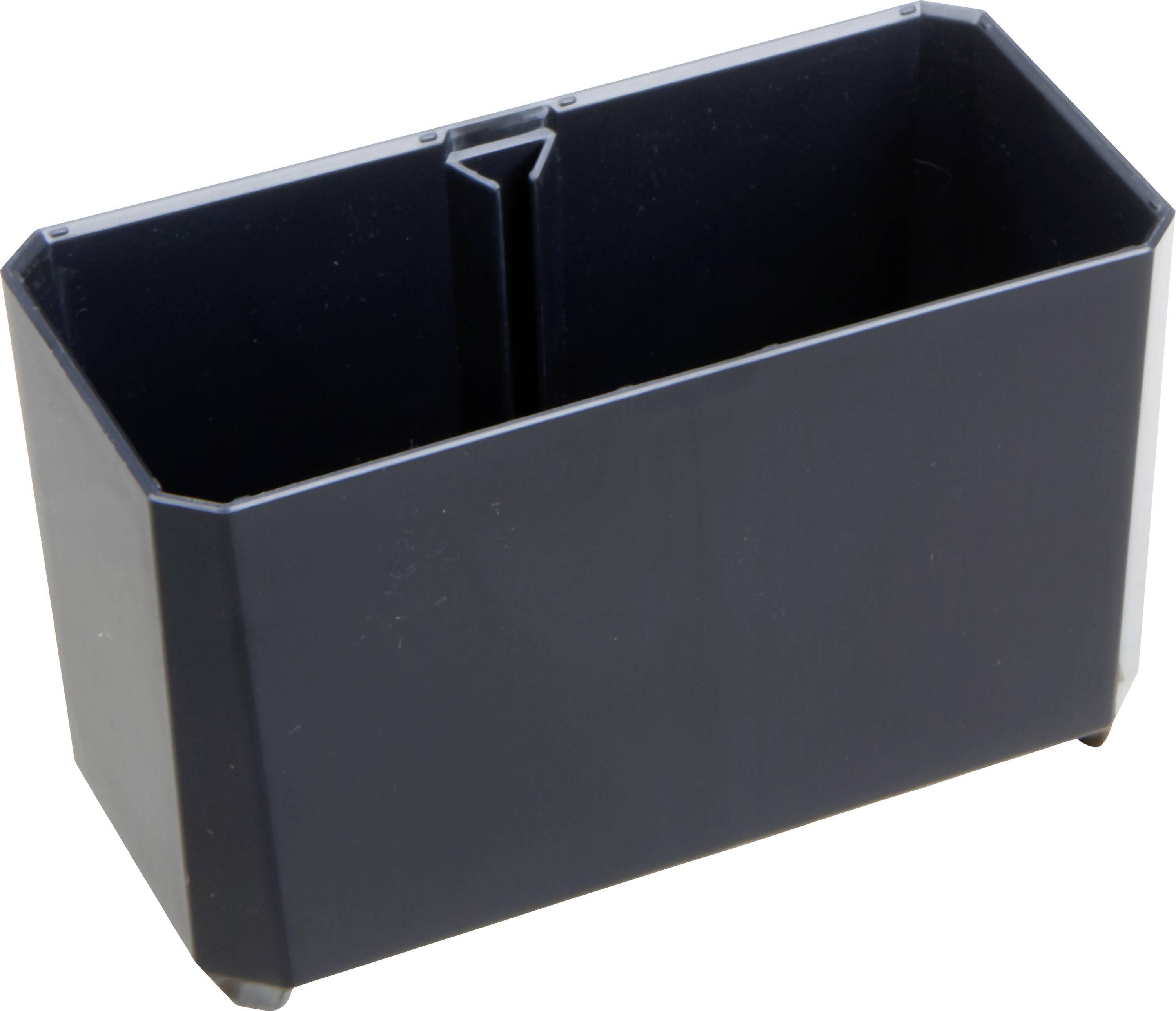 Ein schwarzer, rechteckiger Kunststoffbehälter mit offenem Deckel, geeignet zur Organisation oder Aufbewahrung von Gegenständen.