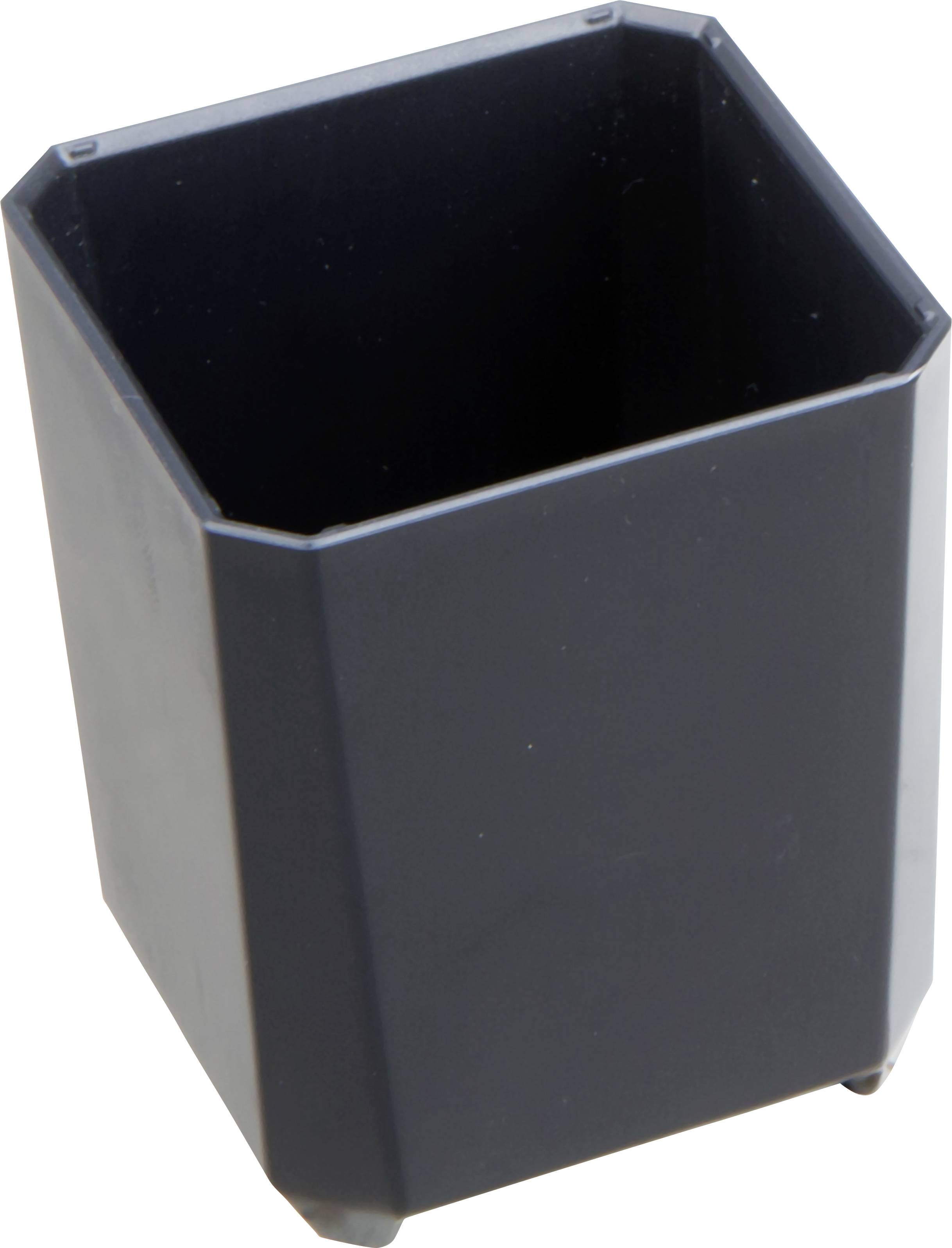 Schwarzer, sechseckiger Stiftehalter aus Kunststoff, leer, aufrecht stehend.
