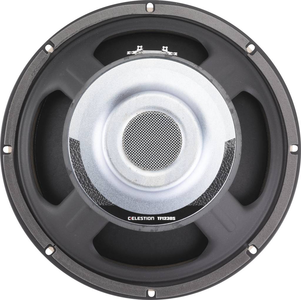 Lautsprecher von oben, runde Form mit silbernem Magnet in der Mitte. Schwarzer Rand und Beschriftung 'Celestion TF1220S'.