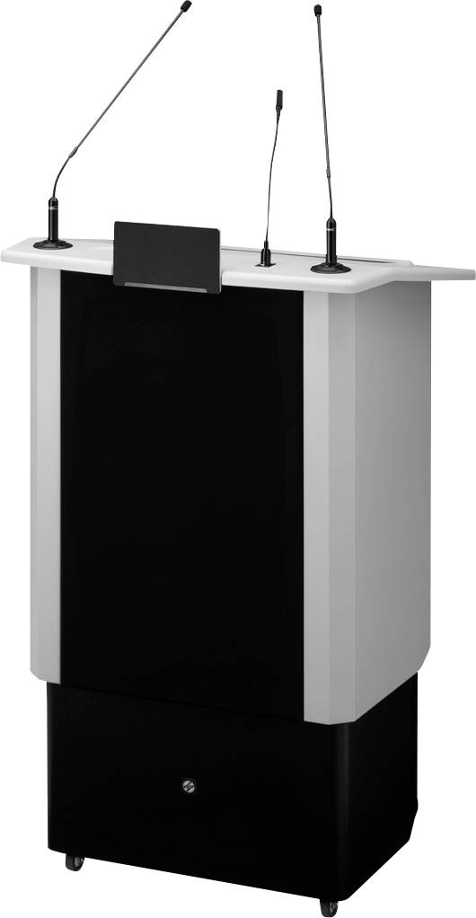 Ein Rednerpult mit zwei Mikrofonen, geeignet für Vorträge oder Präsentationen.