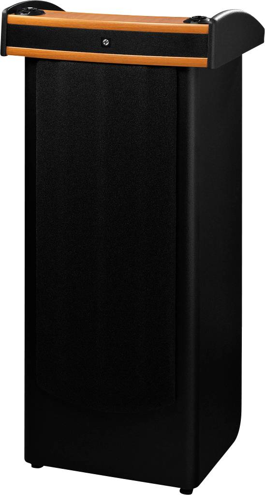 Abfallbehälter mit orangefarbenem Deckel und schwarzem Gehäuse, geeignet für den Innen- und Außenbereich.