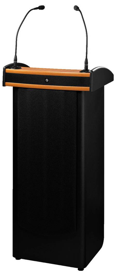 Schwarzes Rednerpult mit zwei Mikrofonen, orange Akzentleiste.