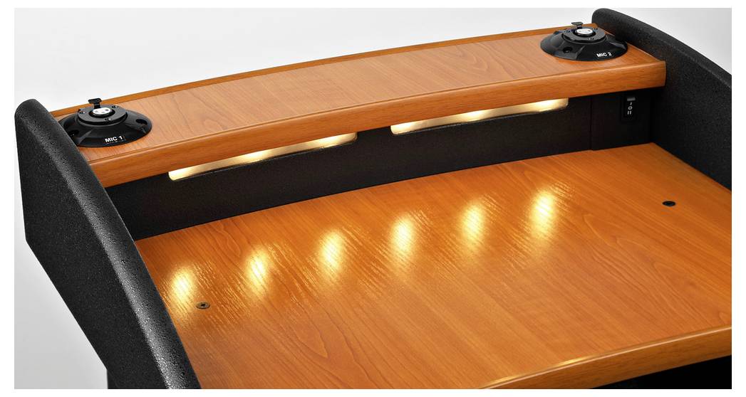 Ein hölzernes Pult mit integrierter Beleuchtung und Lautsprechern. Ideal für eine Präsentations- oder Rednerumgebung.