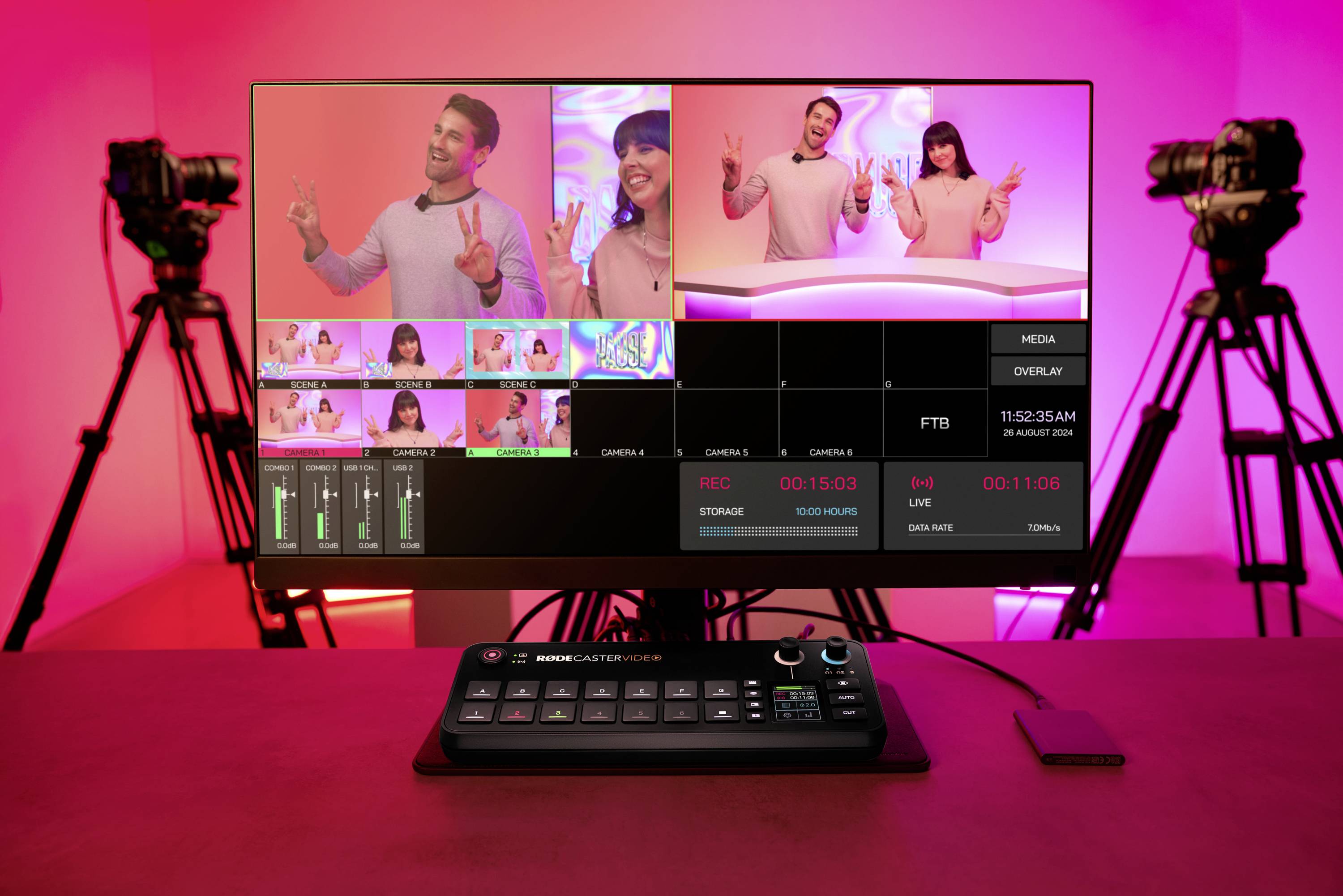 Ein Bildschirm zeigt eine Live-Produktionsoberfläche mit zwei Personen, die lächeln und Peace-Zeichen machen. Drei Kameras im Hintergrund.