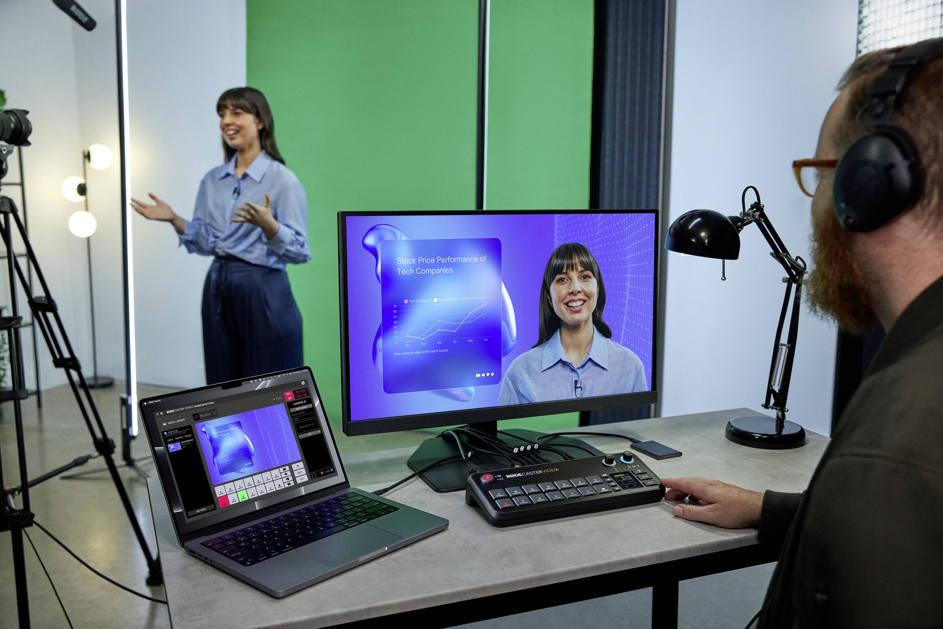 Frau präsentiert in einem Studio. Auf einem Monitor ist ihr Bild und eine Grafik einer Umsatzkurve zu sehen. Ein Mann steuert die Technik.