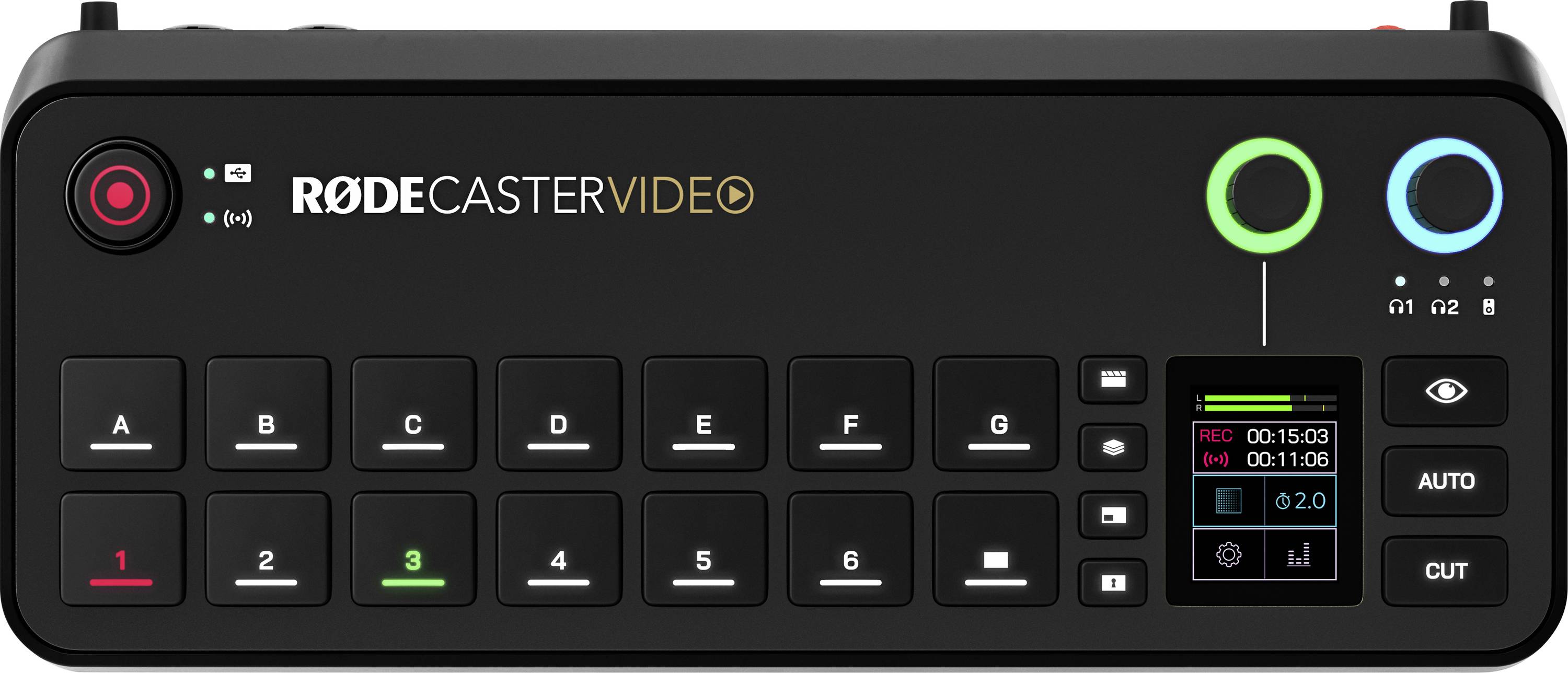 Audiomischpult mit Tasten und Display zur Steuerung von Audio- und Videoaufnahmen, Marke 'RØDECaster Video'.