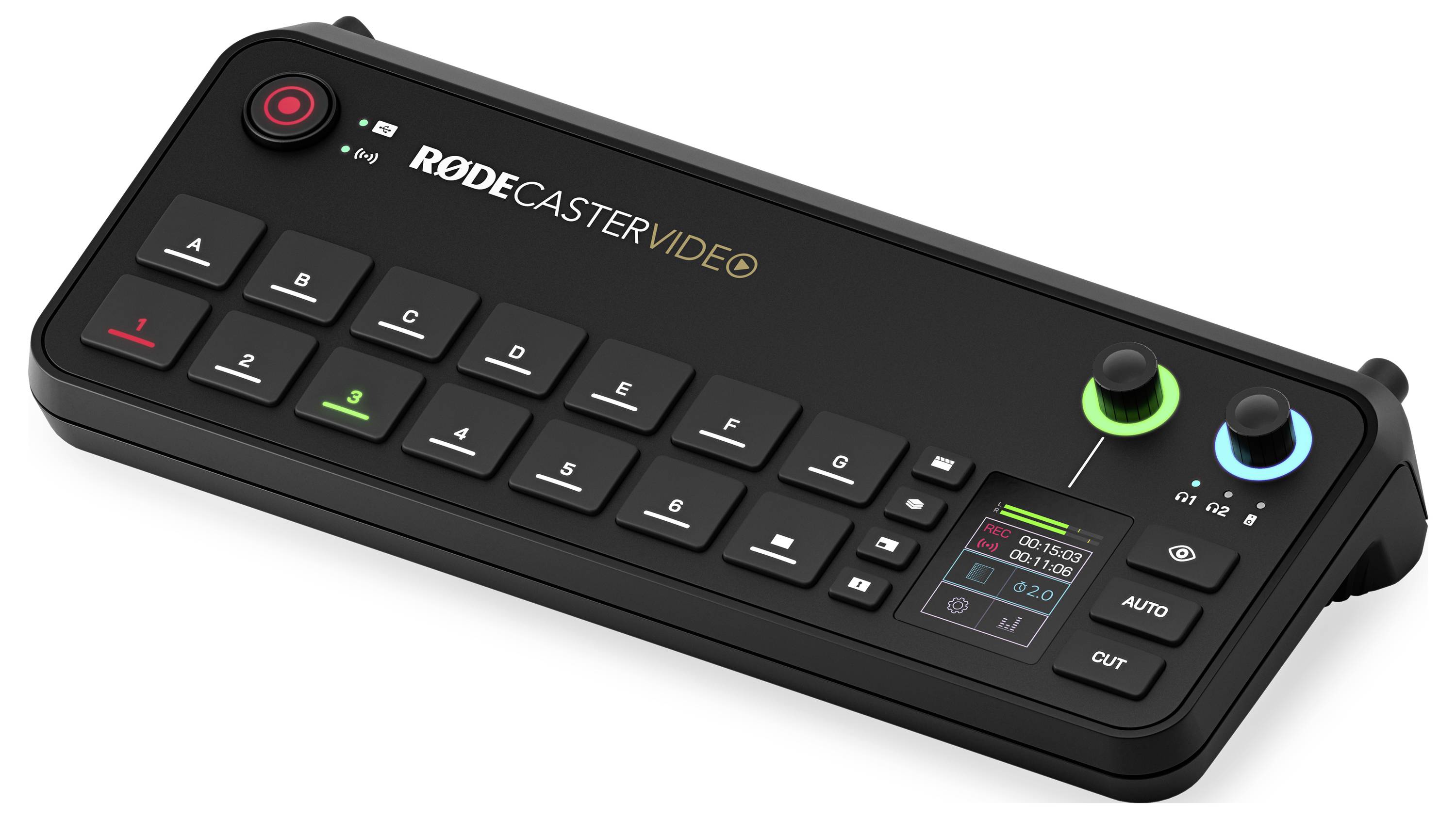 Konsole zur Audio- und Videoaufnahme mit Tasten und Drehreglern, Marke 'RodeCaster Video'. Eignet sich für Studio oder Podcast.