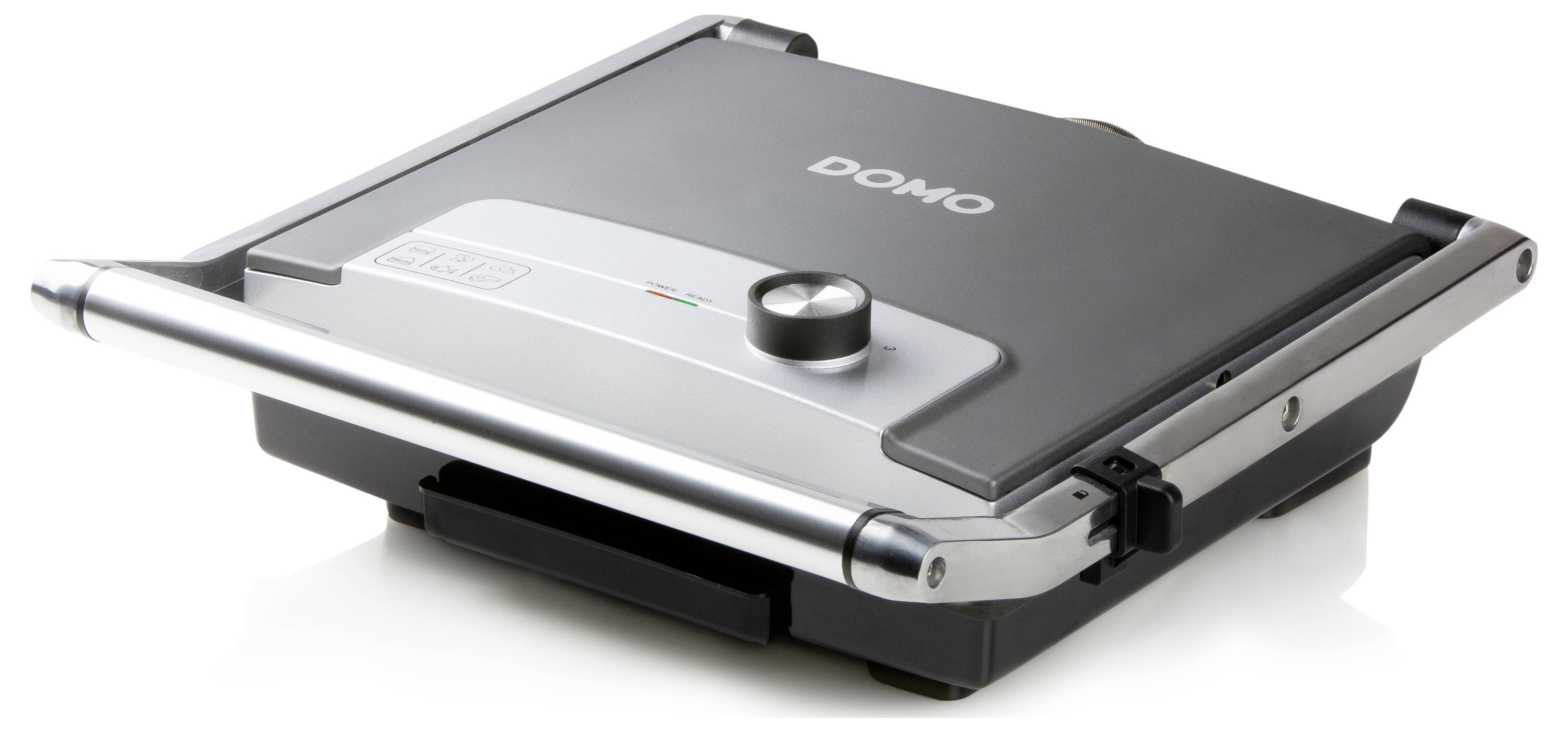 Ein schwarzer Panini-Grill mit Metallakzenten und einem Drehknopf auf der Vorderseite; Marke 'DOMO'.