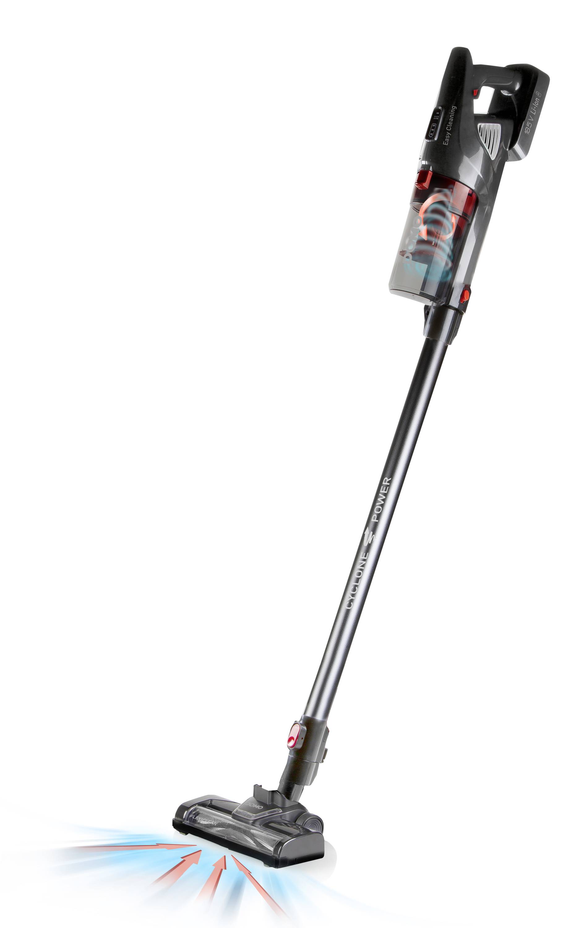 Kabelloser Staubsauger mit schmalem Design und transparentem Staubbehälter; beleuchtete Düse zeigt Saugkraft durch blaue und rote Lichter an.