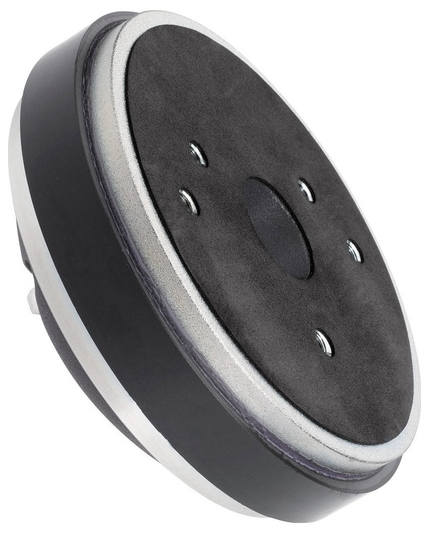 Schwarzes rundes Gerät oder Teil mit Metallrahmen und Bolzen. Scheinbar ein mechanisches Teil oder Zubehör.