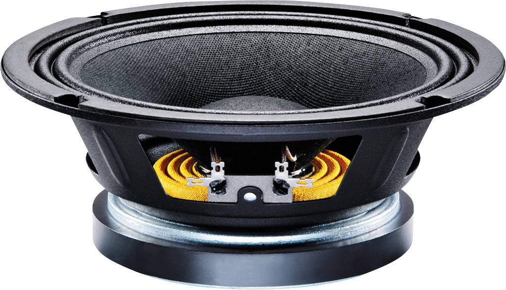 Lautsprecher von oben mit sichtbarem Magneten und Spule, schwarze Membran, für Audio-Ausgabe in Musikanlagen und Soundsystemen.