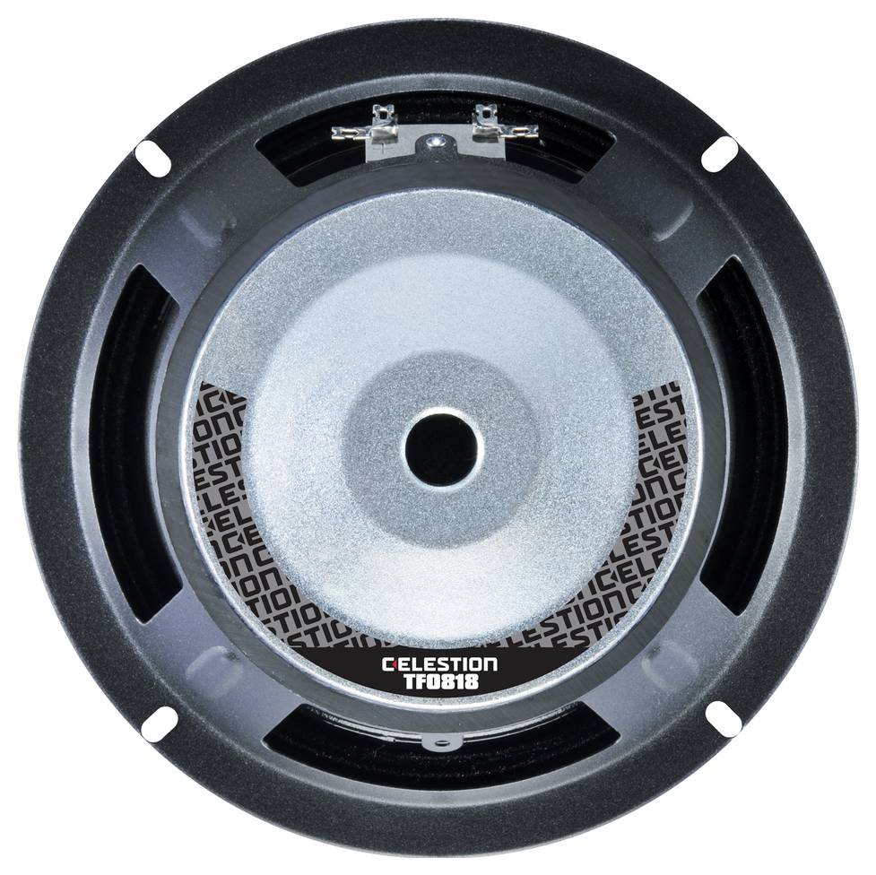 Ein Lautsprecher mit der Aufschrift 'Celestion TF0818' in der Mitte, umgeben von einem runden Metallrahmen.
