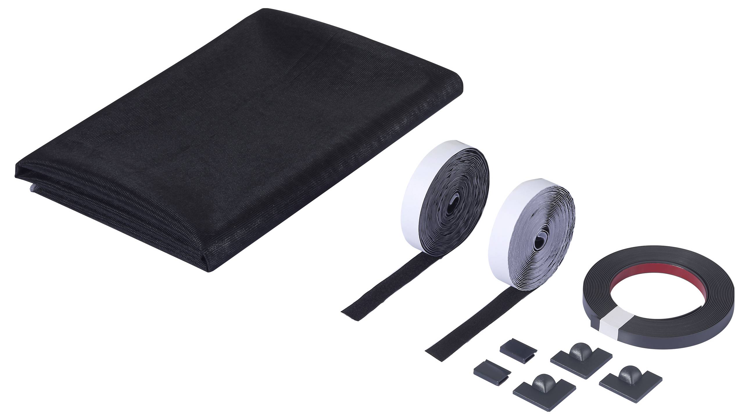 Set mit schwarzem Insektenschutznetz, Klebeband und Montagezubehör zur Verwendung an Fenstern oder Türen. Enthält zwei Rollen Klebeband und mehrere Clips.