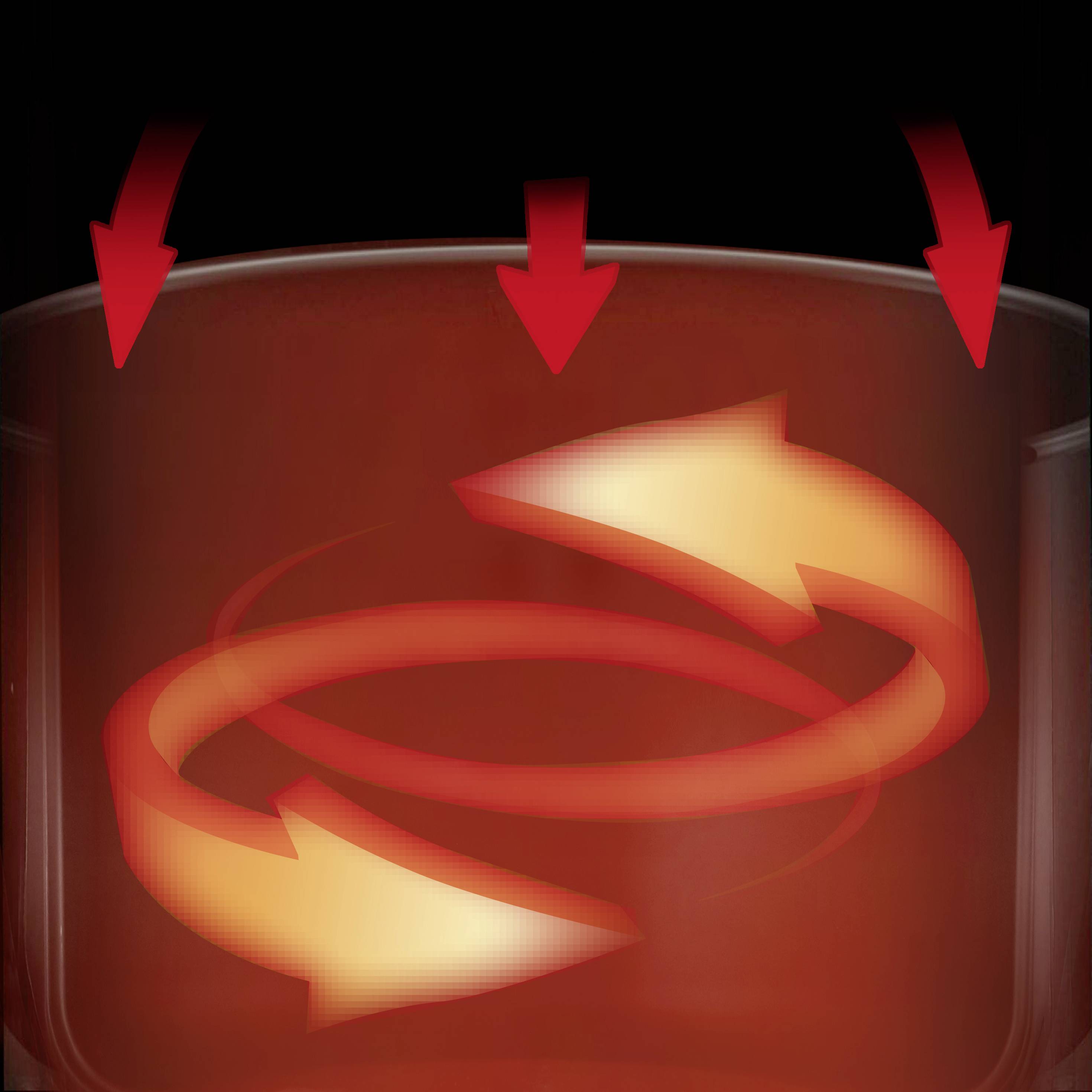 Rote Pfeile und Wirbel deuten auf die Zirkulation heißer Luft in einem Ofen hin.