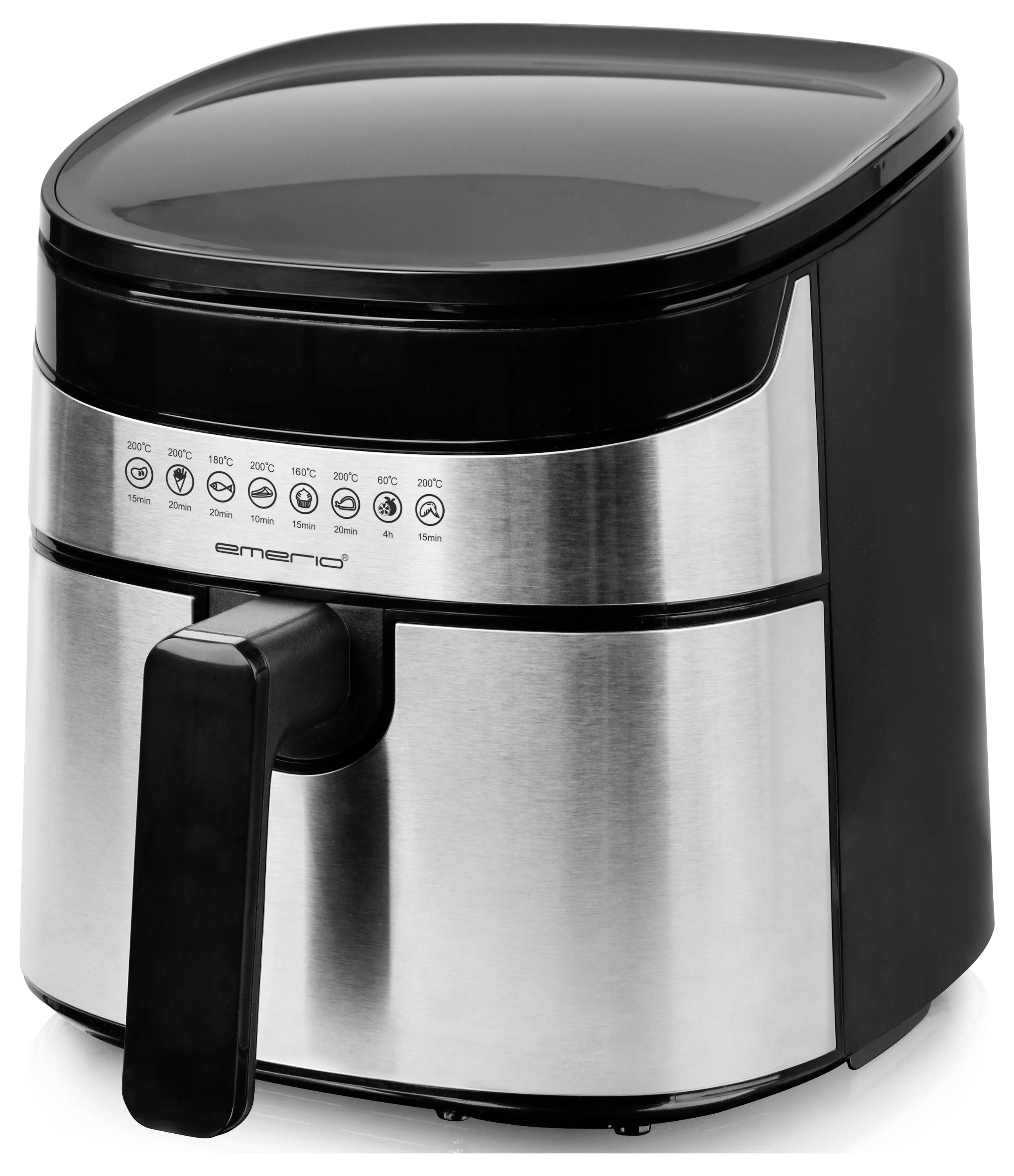 Eine silberne Heißluftfritteuse mit schwarzem Deckel und mehreren Bedientasten an der Vorderseite.